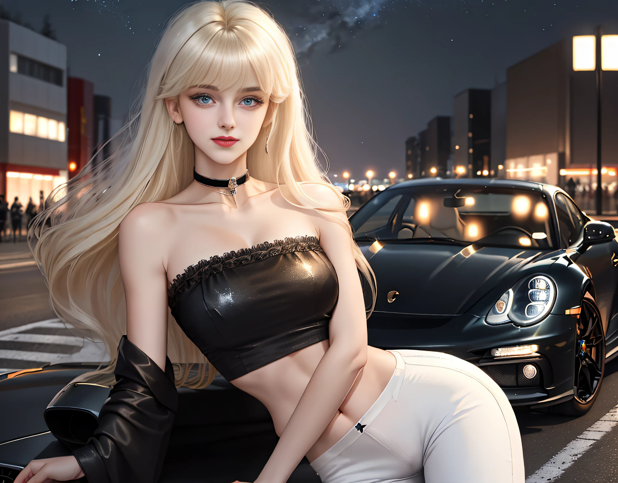masterpiece, excellent quality, high quality, 1girl, looking at the viewer, mature woman, full body, tall female, standing, next to black car, car focus, (blonde hair, bangs, very long hair: 1.2), straight hair, eyelashes, beautiful face, detailed face, detailed eyes, eyelashes, blue eyes, confident smile, detailed lips, medium breasts, linea alba, navel, midriff, (choker, strapless, white tube top, white pants, white sneakers: 1.2), midnight, night weather, night sky, stars, black porsche, tokyo,, intersection, skyscraper, buildings, shops, trees, shrubs, (wind)