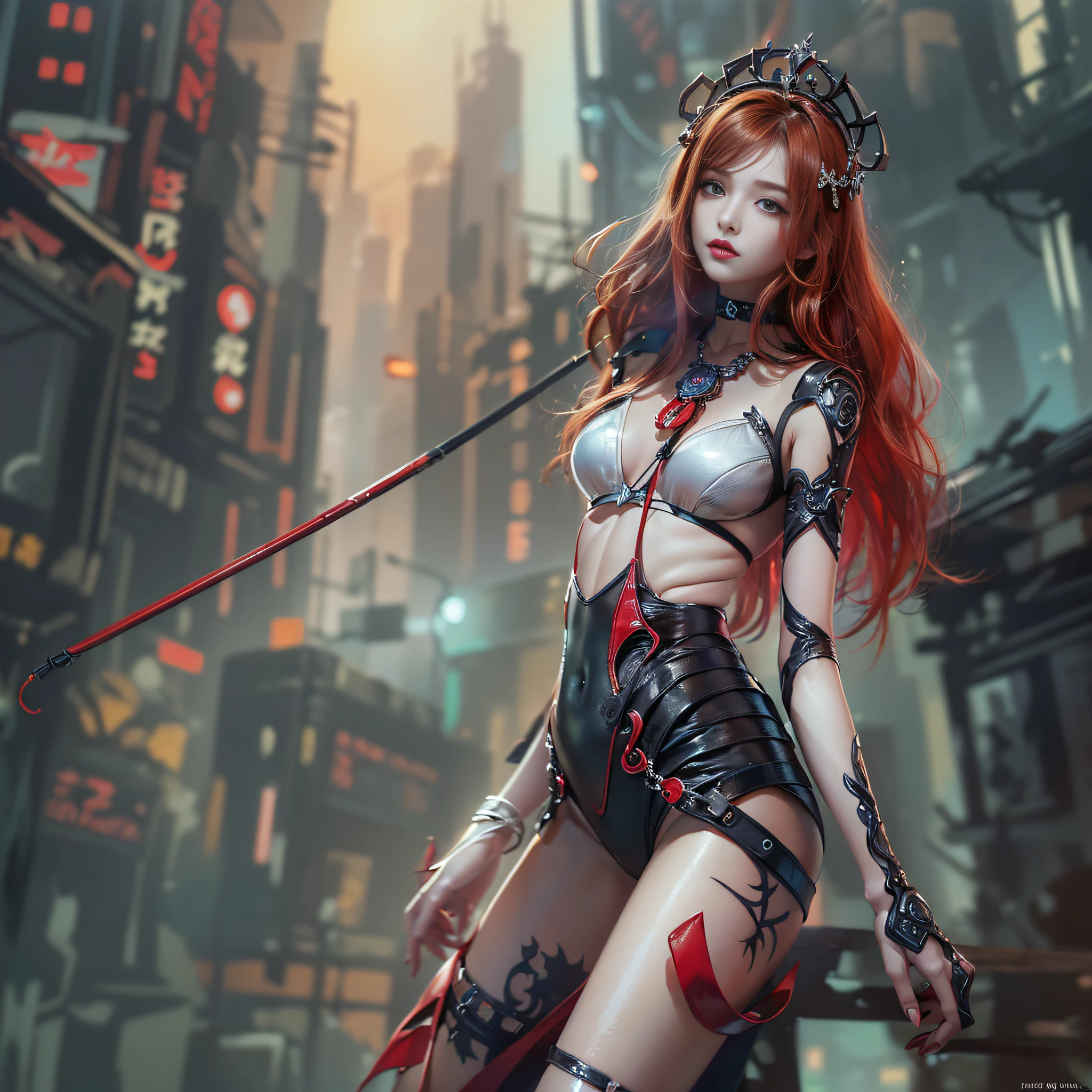 ((​masterpiece:1.4)、(top-quality:1.4)、(reallistic:1.7))、a beauty girl、Sexy Daughter、Super beautiful girl、1girl in:1.4、Super sexy bondage outfits、Glossy luxury latex、Luxury Latex Bodysuit、By Luis Royo、age19、Super Ultra Ultra Bikini、(Looking Back Beauty:1.4)、Cute tattoos、Outstanding style、(Two legs are drawn correctly:1.7)、(Two arms are drawn correctly:1.7)、Anatomically correct depiction of limbs、Slender Abs、(beauty legs:1.4)、beautiful countenance、kawaii faces、Beautiful ass、A detailed eye、beautidful eyes、Raw photo、red-lips、Red high heels、a choker、a necklace、耳Nipple Ring、Futuristic City Fantasy、