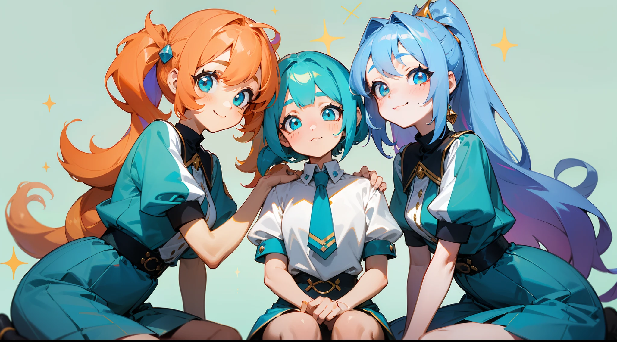 ((colourful, As detailed as possible)), Three anime friends sitting side by side and looking at the camera, A trio of friends, 2 d anime style, flat anime style, in anime style, the anime, anime stylized, (glass hair), Crystal hair, ((Glowing Hair)), portraite of a, Gemstone uniforms \The Land of Precious Stones\, uniform, tie, puffy short sleeves, Shorts, Smile, shirt, short sleeve, sparkle, The first girl sits on the left with a high shoulder-length tail and a calm face, beatiful face, multi-colored hair, Hair gradient, Hair color from blue to peach, without bangs, curly curl on the cheek, hairstyle: high ponytail, long tail, hair from Tanzanite, peach-colored eyes, :3, Short eyebrows, The second girl sits on the right with two long green pigtails and a happy face, wide eyes, opened mouth, turquoise hair, Turquoise textured hair, Hair is smooth, Like a stone, The third girl sits in the middle with blue short hair and two long curls in front, gray gray hair in the middle of the hairline;; Cyan eyes, happy face, one eye covered, Flirting, big sister, Home, Simple background, natural light, vivid picture