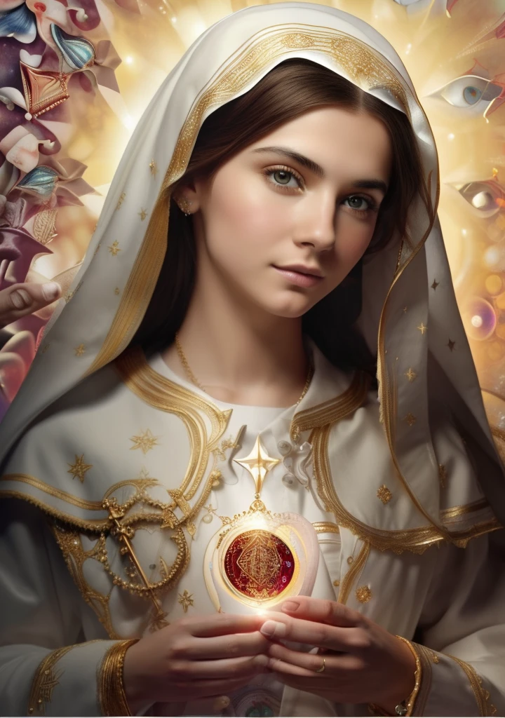 ((Blessed Virgin Mary. 19 years old))) ((( Con una cara seria y piadosa. Con una mirada dulce y tierna))) (obra maestra, calidad superior, mejor calidad, arte oficial, beautiful and aesthetic: 1.2), (1girl), extremadamente detallado, (Arte fractal: 1.3), colorido, highest detailed, Cara perfecta, parte superior del cuerpo, HDR, (orando: 1.3), (golden lines of white coat: 1.2), galaxia, (rayas de luz), eye-catching visuals, (dynamic stripes, senderos luminosos: 1.2), colores vibrantes,