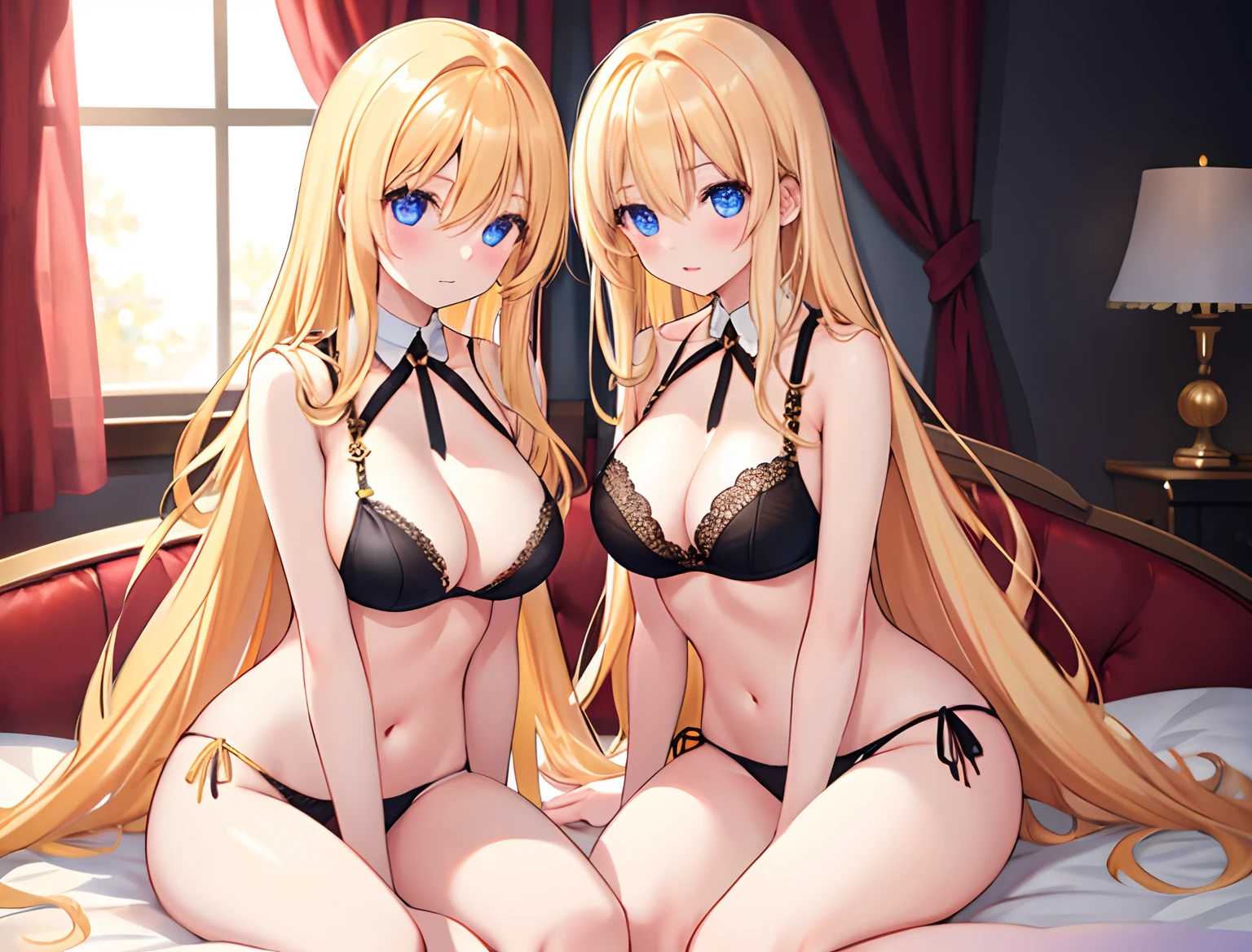 2girls，golden hair，long whitr hair，mediuml breasts，Wear only a bra，Breast collision，Light panties