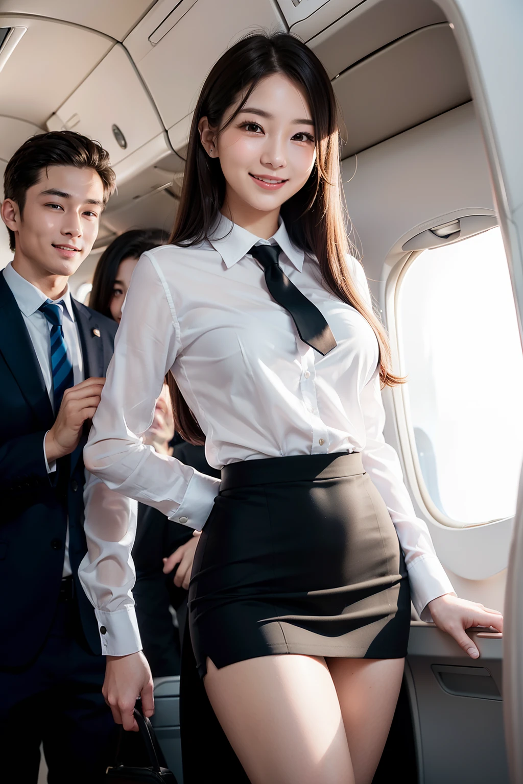 (in 8K、Raw photography、Highest Quality、realisitic、Photorealsitic、Professional Lighting、​masterpiece、extremely delicate and beautiful、Highly detailed、finely detail、ultra-detailliert、hight resolution、full-shot)、SFW、Detailed scenario of a very crowded cabin、(((On the plane)))、1girl in、1 Flight attendants、Beautiful female flight attendant(woman 1)ha、Wearing a flight attendant uniform、Beautiful face:1.5、Model body type、small tits、All passengers except one female are male...........:ung man in suit、(woman 1)Touching the body of、Young men(woman 1)hug from behind、Young men(woman 1)Touching the chest of、Young men(woman 1)Flip up the skirt of、I can see the white panties、White bra visible、NSFW Whatever?、Beautiful female flight attendant(woman 1)Laughing、