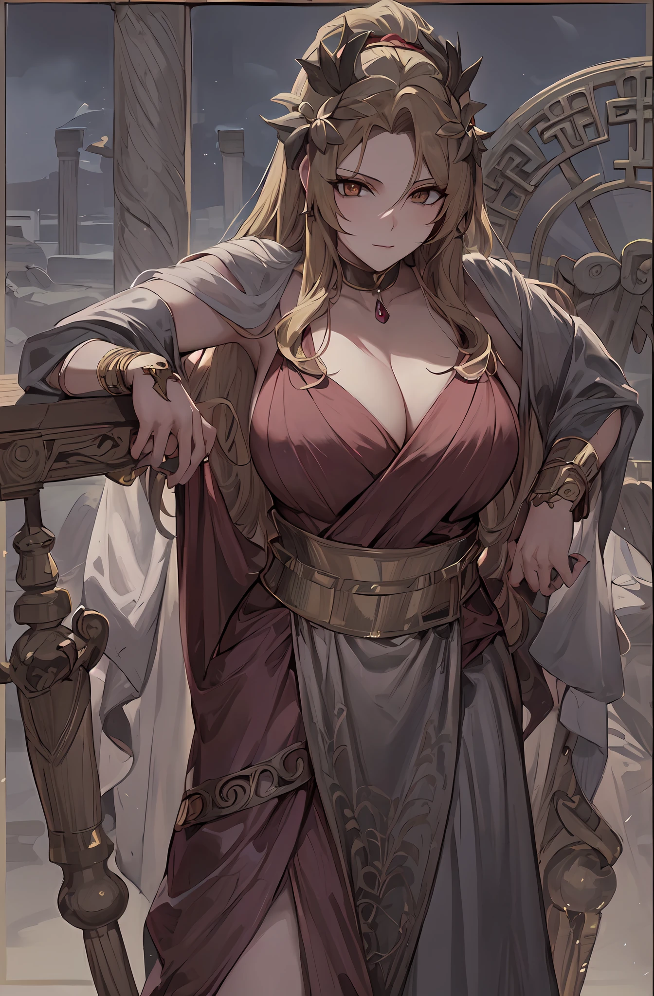 anime style, anime, ((peplos)), ((greek clothes)), ((demigod of the goddess Hera)), mature female, curvy, hourglass figure, Masterpiece, absurdres, fine detail, HDR, solo, upper body, golden eyes, blonde hair, seductive gaze,