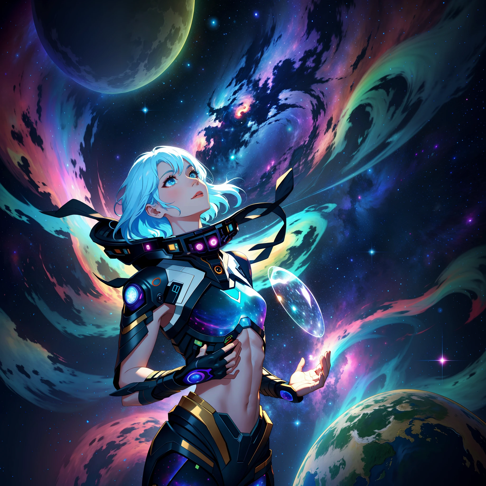 I man, ethereal body, floating in space, surrounded by stars and nebulae.