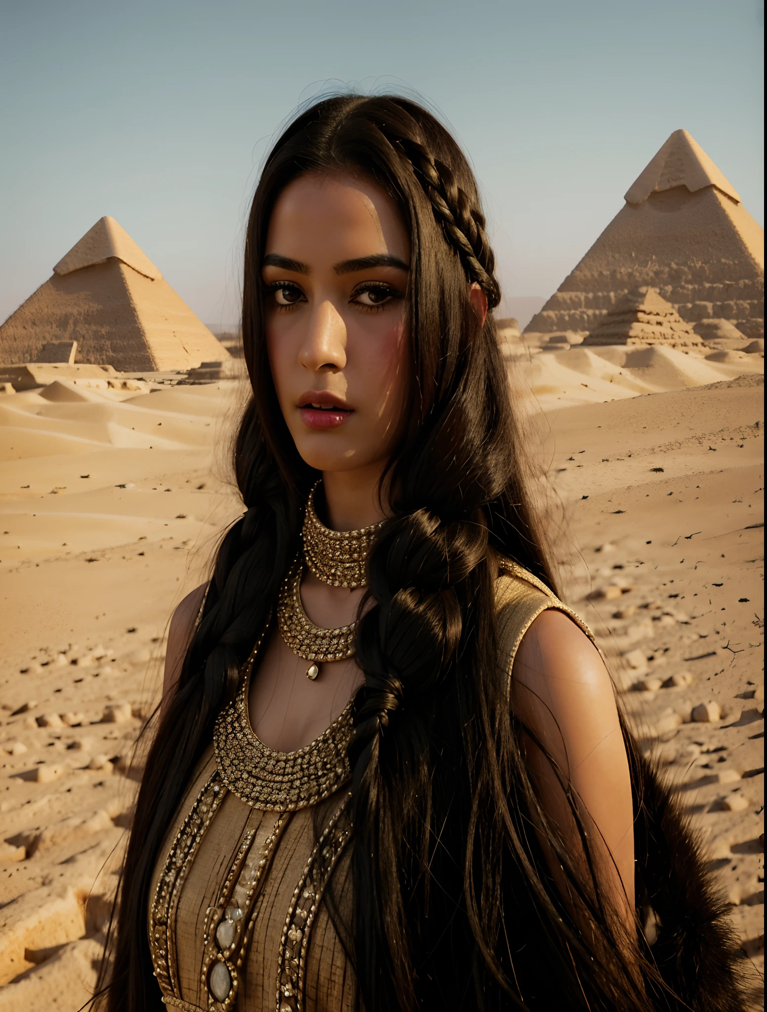The central image is a cinematic shot to create a surrealistic version of an Egyptian Babylonian style dress on top of the Egyptian pyramids by a black-eyed Arab woman. including long braid, fur and ruby collar, emerald and diamond chain around the neck Long black hair Cinematic lighting, photorealistic, high frequency detail, 35mm film, (film grain), film noise