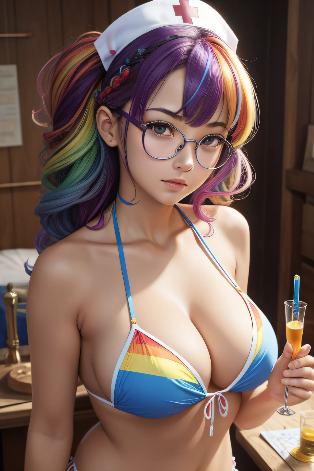 Starting craft with prompt: ((masterpiece)), best quality, solo, detailed background, facing viewer, 1girl, glasses, bikini, shocked expression, hairpin, rainbow hair, nurse