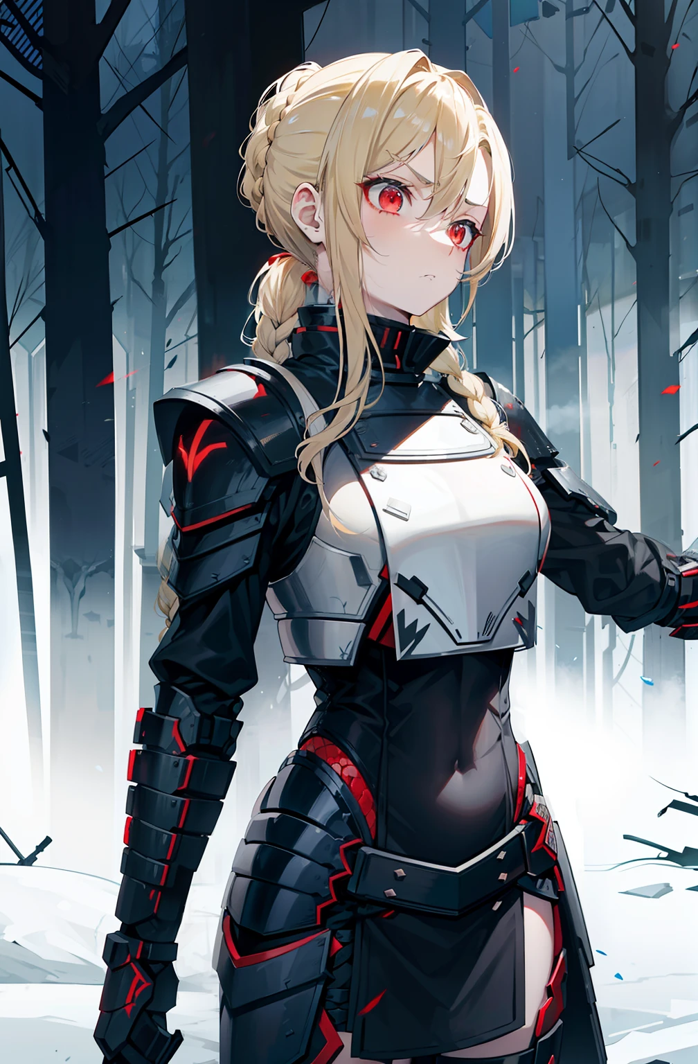 "Blonde hair with a braided ponytail, menacing red eyes, serious and combative facial expression, futuristic plated armor on the hips, additional armor around the chest."