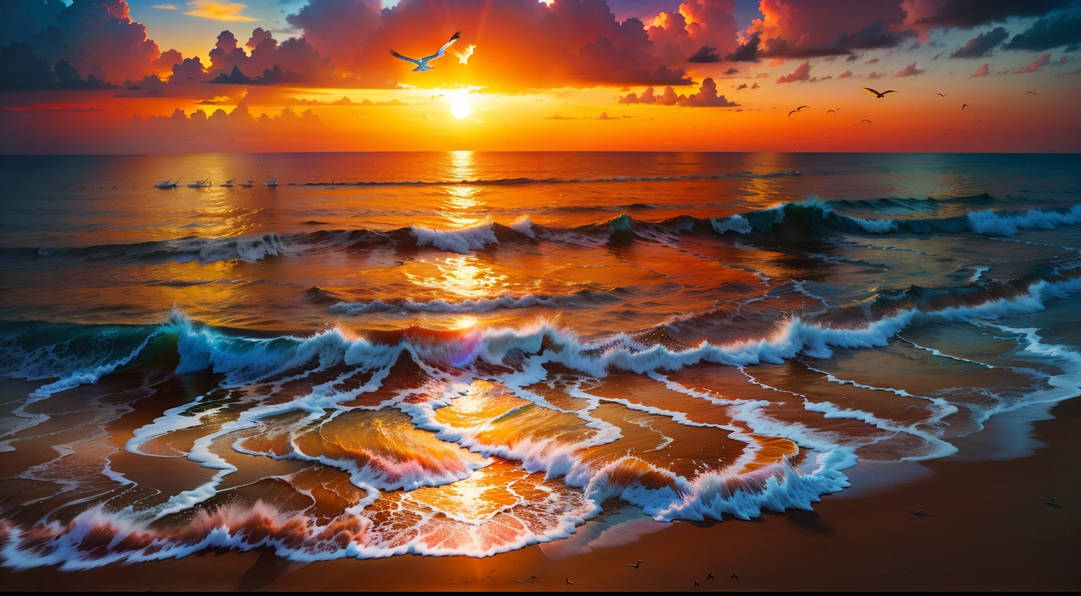 An absolutely mesmerizing sunset over the beach, with a blend of oranges, pinks, and yellows filling the sky. Crystal-clear waters of the sea gently kissing the shore, with sandy white beach stretching far and wide. The scene is dynamic and breathtaking, with seagulls soaring high in the sky and gently swaying palm trees. Take in the calming atmosphere and let the peacefulness wash over you.