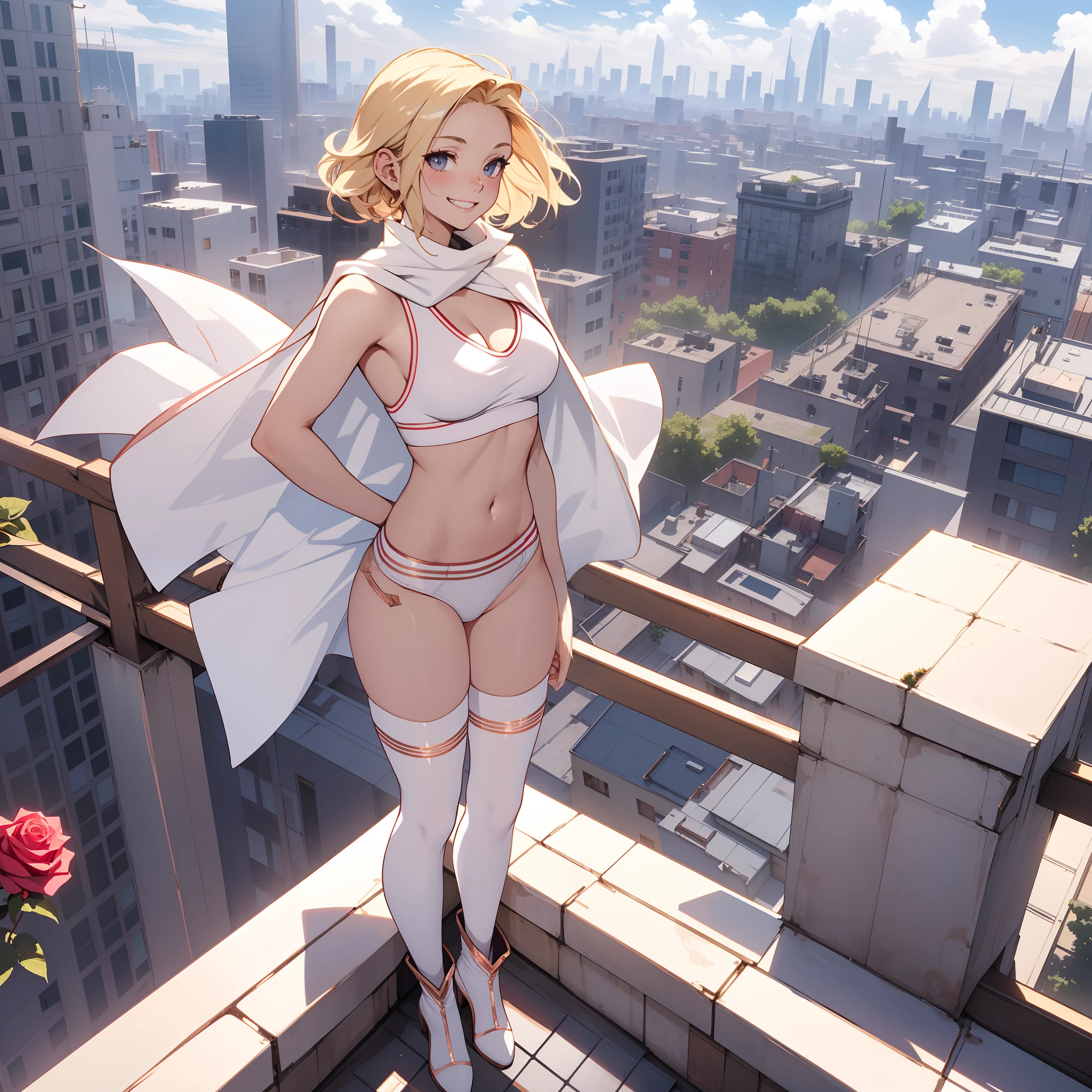 Outside, beautiful day, partly cloudy, skinny girl, pale skin, small breasts, short messy blonde hair, tight white sports bra with rose gold trim, tinywhite thong with rose gold trim, white cape with rose gold trim, white stockings, white boots, , standing on a rooftop, a big smile on her face, city skyline in background