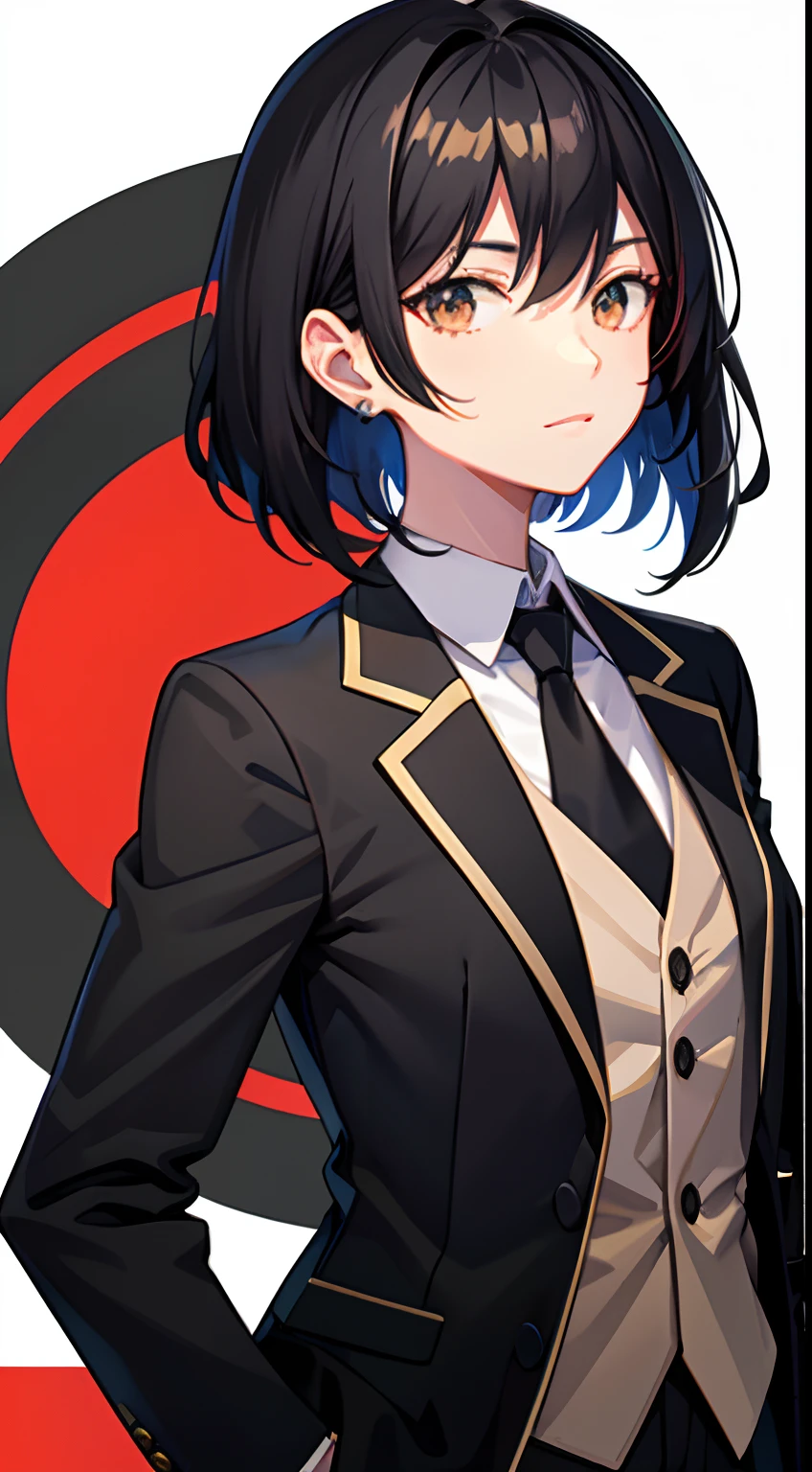 Kizi,with short black hair,One side of the hair covers the eyes,Business suit,Armed with a gun。