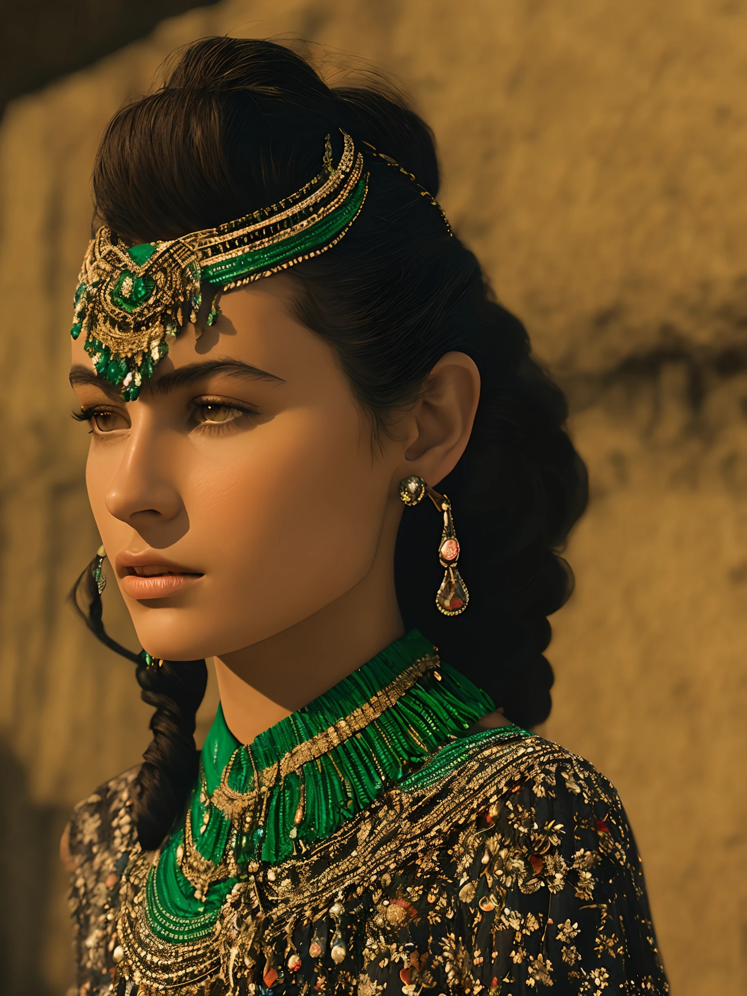 The central image of a cinematic shot to create a surrealistic version of the Egyptian Babylonian style dress of a black-eyed Arab woman. Including long braid, ruby ​​collar, emerald and diamond chain around the neck Long black hair Cinematic lighting, photorealistic, high frequency detail, 35mm film, (film grain), film noise,