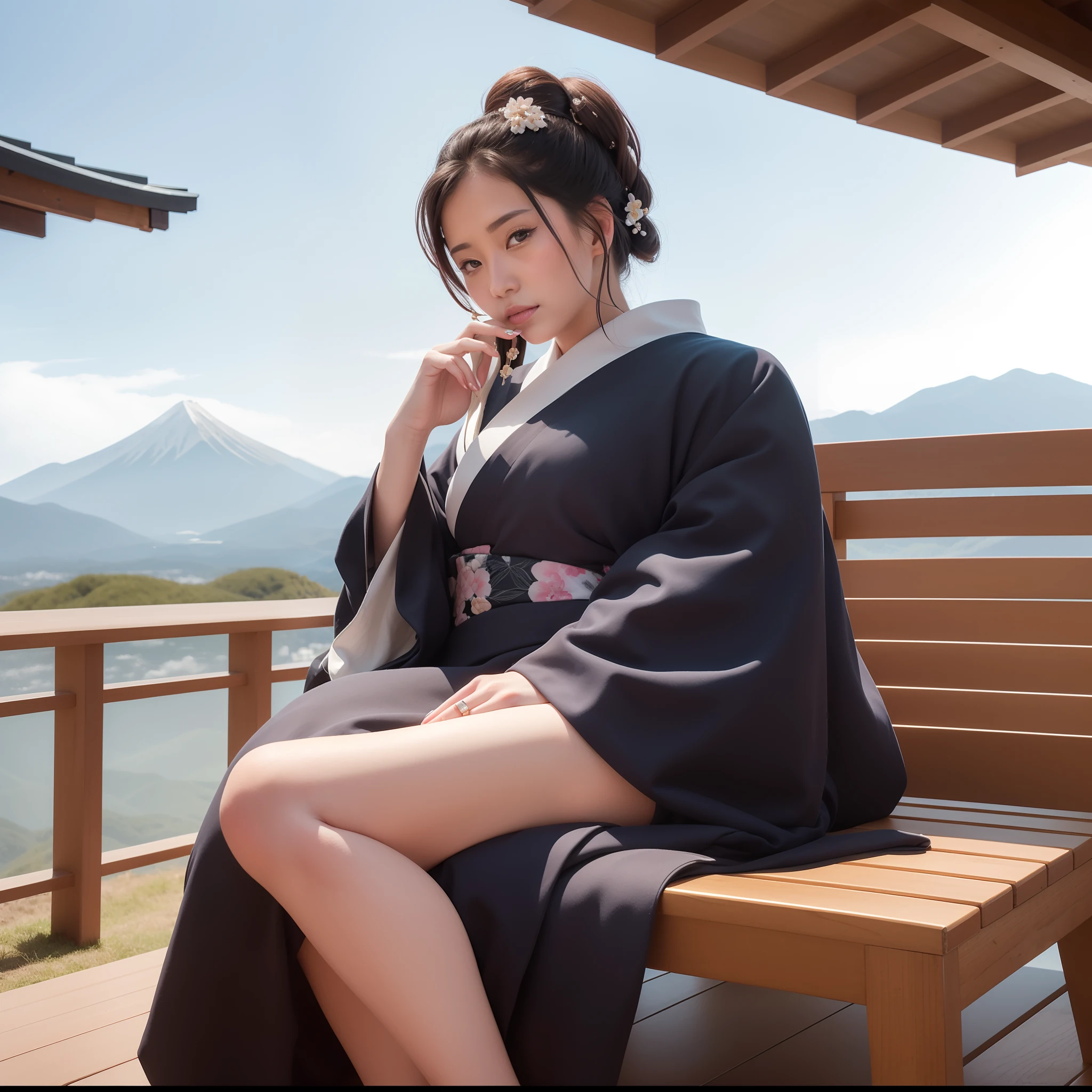 Woman sitting on long wooden chair, Wearing a kimono, ear piercings, Mother-of-Pearl Hairpin, Mountains in the background々. Mount Ukiyoe.　Fingers１０Boken