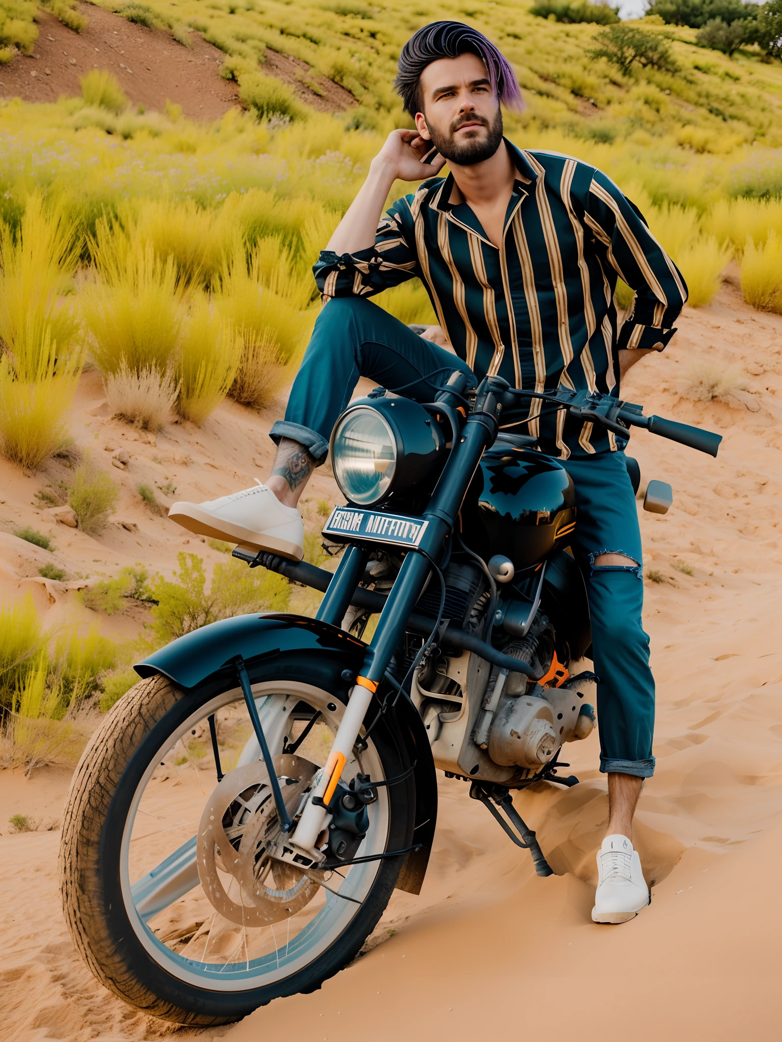 cinematic still shot, 1 man,  tshirt, punk hair style, yellow jacket, cyberpunk, moon surface, sand storm,  midnight, neon light, bladerunner, orange tone, look at viewer, (cowboy view:1)
(35mmstyle:1.1), front, masterpiece,  (photorealistic:1.3), high frequency details, 35mm film, (film grain), film noise, cinematic lighting