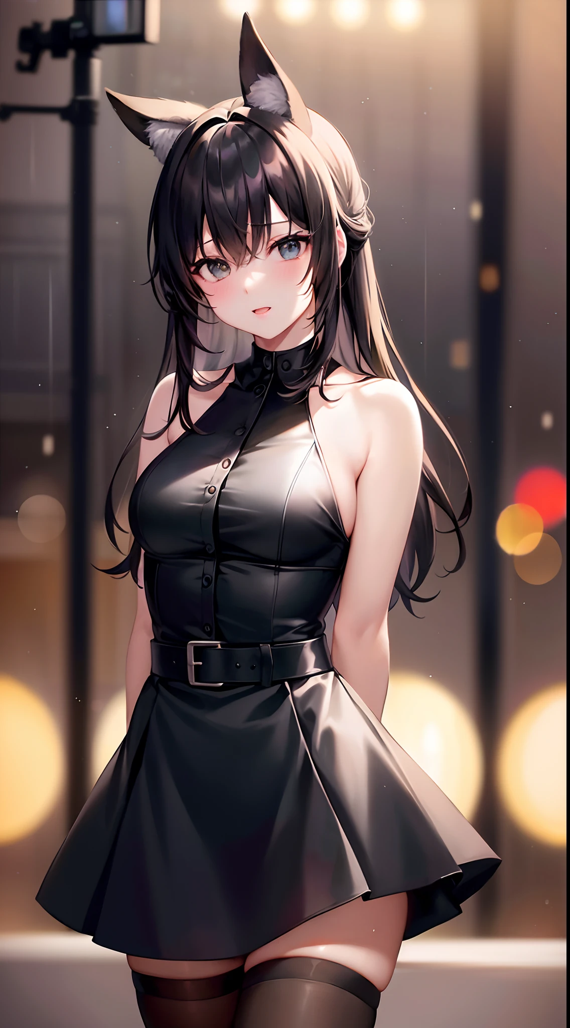 (8k, RAW photo, Best Quality, Masterpiece: 1.4), Ultra HD, (Real, Photorealistic: 1.48), Omertosa, 1 girl, (K-pop idol), (Aegyo: 1), Cute, (Ultra bokeh night city center:1.25), bokeh, night, traffic lights, street signs, rain, after rain, wet, professional lighting, detailed lighting, photon mapping, radiosity, physically based rendering, flowers in black pantyhose , backlighting, depth of field, natural light, hard focus, film grain, 1 meter shooting distance, professional photography, shot with Sony a9 II mirrorless camera, detailed eyes, realistic eyes, detailed shadows, viewer Look, dog ears, detailed lighting, skirt, black skirt, knee socks, black thigh high socks, (detailed hair, realistic hair, realistic lighting, realistic shadows, realistic clothing), realistic skin (gun on waist: 1), realistic light reflection from above, ((arm behind back)), (behind hand), tube top, sexy