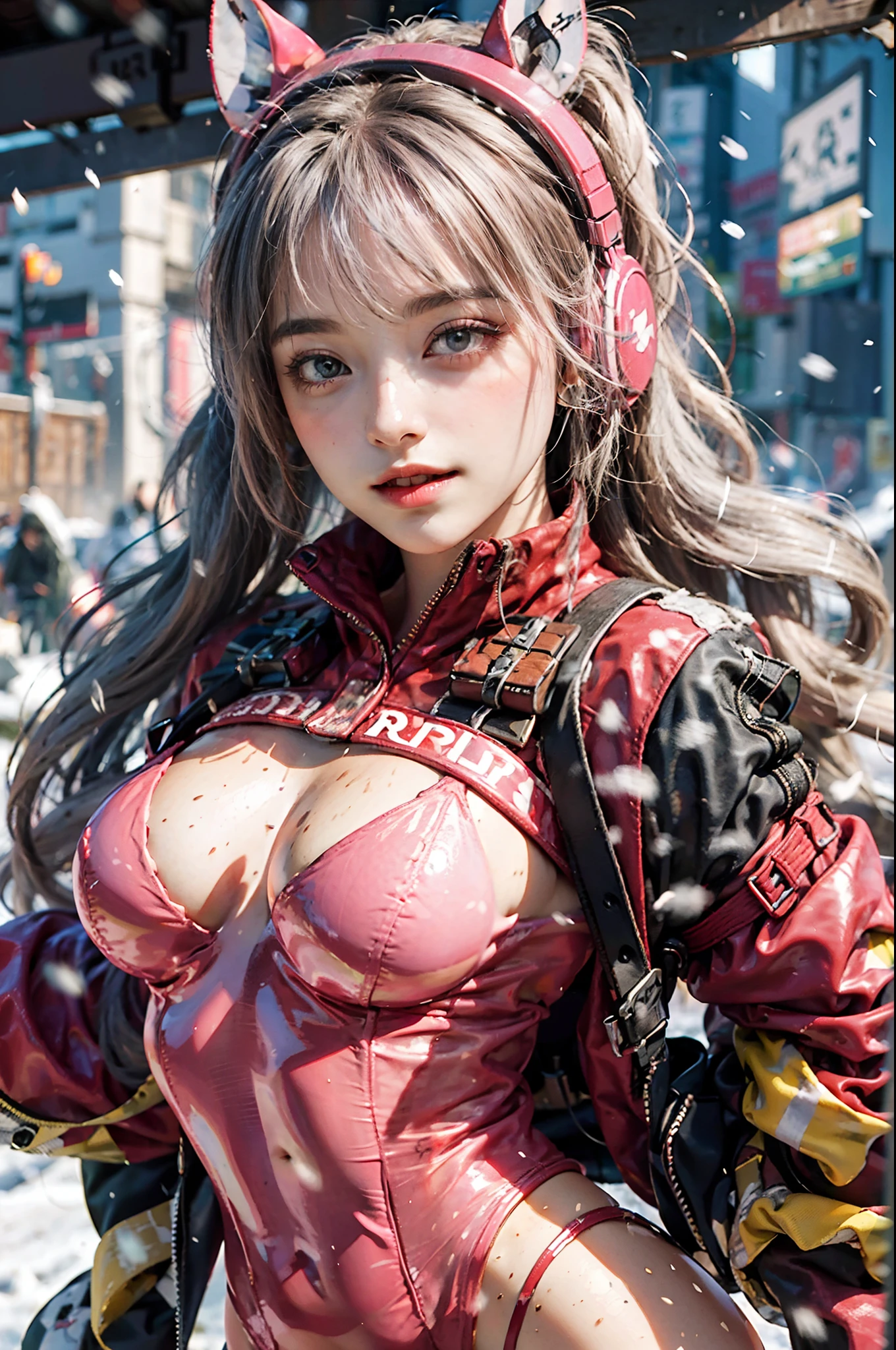 (RAW photo, best quality, masterpiece:1.2), (realistic, photo-realistic:1.4),(masterpiece:1.4),(best quality:1.4),1girl, solo, :d, animal ear headphones, animal ears, arms up, bangs, blush, bodysuit, breasts, bunny pose, clothes writing, covered navel, cowboy shot, cropped jacket, fake animal ears, gloves, outdoor,morning,snow, hair intakes, headphones, impossible bodysuit, impossible clothes, jacket, large breasts, latex, latex bodysuit, long hair, long sleeves, looking at viewer, large breasts, multicolored gloves, open mouth, pink bodysuit, pink eyes, red eyes, red jacket, shiny clothes, shrug \(clothing\), sidelocks, skin tight, smile, thigh gap, thighs, twintails, very long hair, white gloves, white hair,alice \(nikke\),(shiny skin),realistic.
