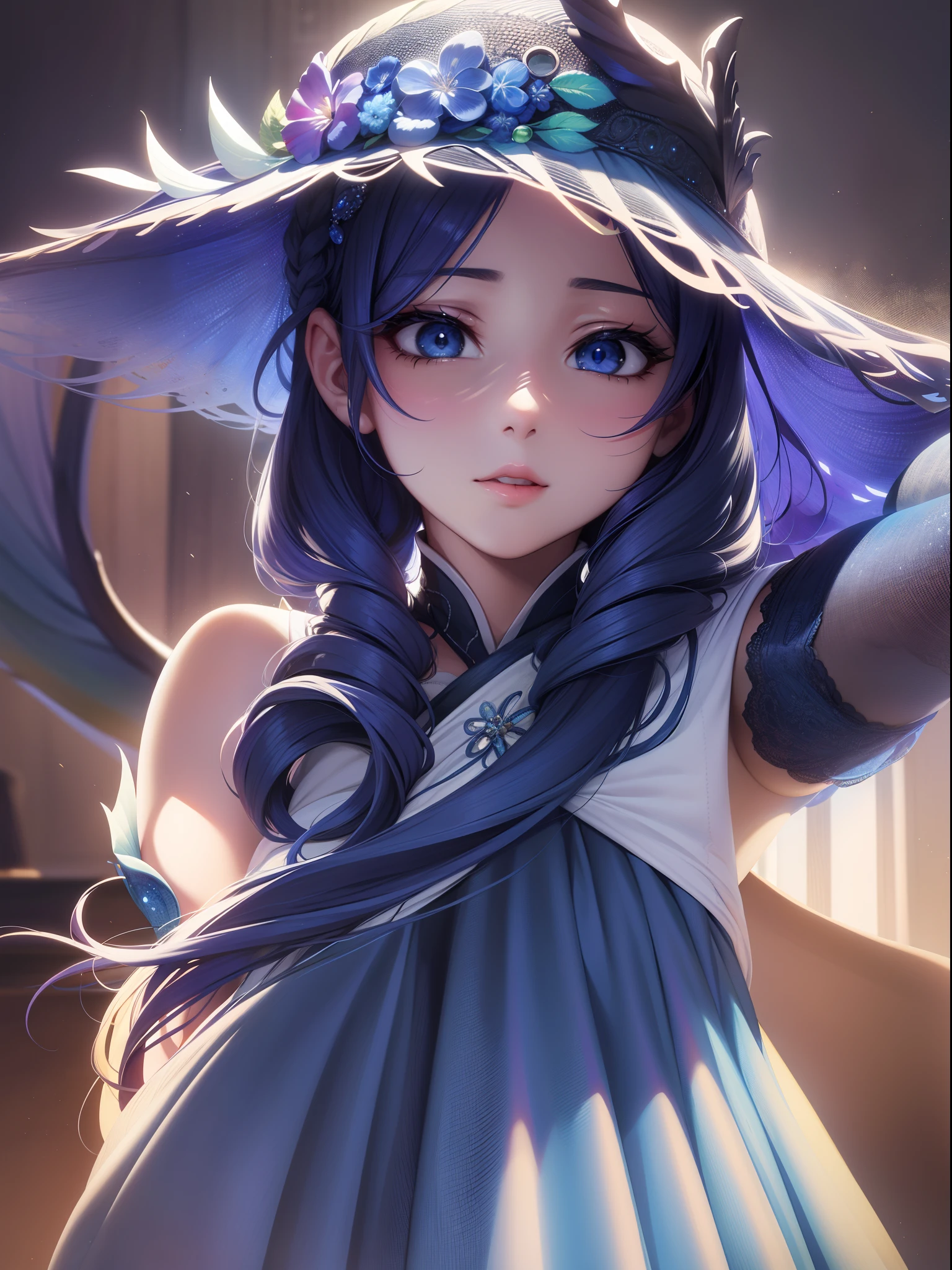 Uma mulher muito bonita sedutora, cabelos longos enrolados brancos, olhos azuis indigo, vestido vitoriano,com um dragao ao fundo