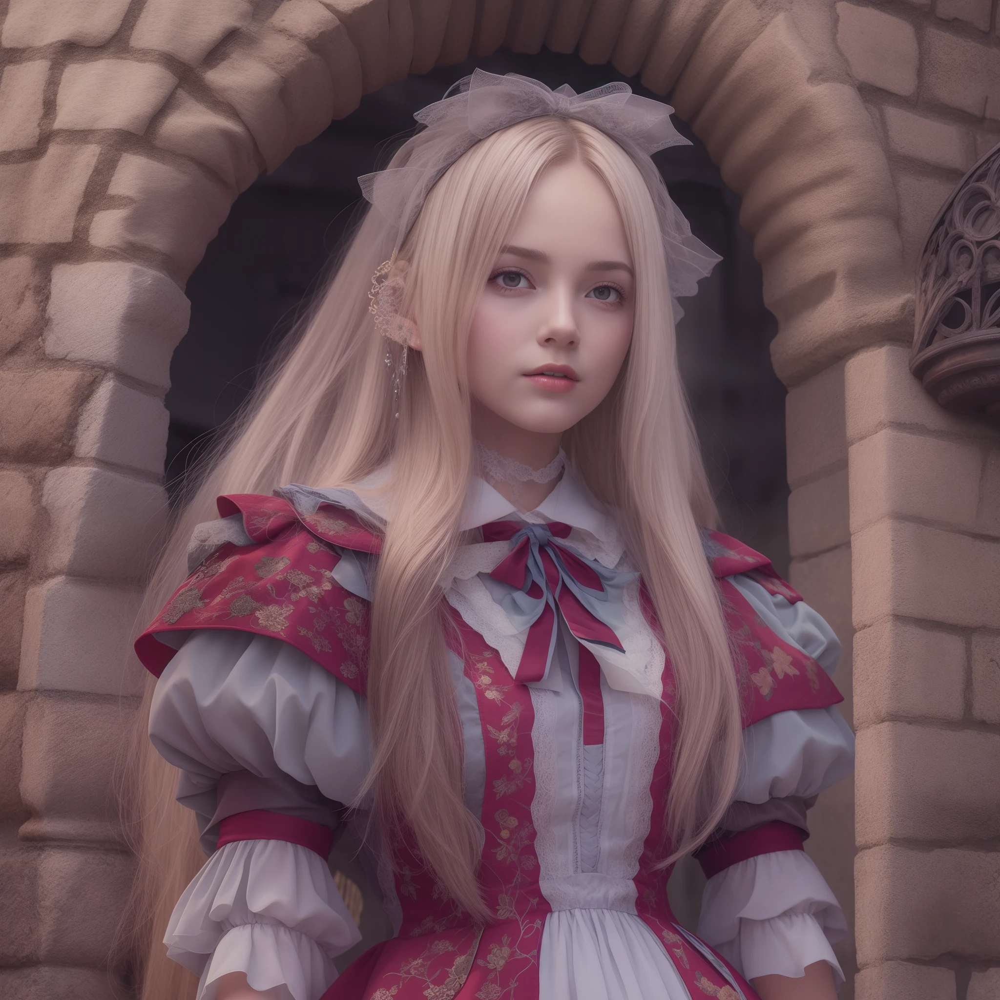 1girl in, FULL BODYSHOT, masutepiece, Best Quality, 8K, Detailed skin texture, Detailed Cloth Texture, beautifull detailed face, Intricate details, ultra-detailliert, Ultra-realistic photos, Alice in Wonderland,  In the old castle, (bow over her head:1.1)