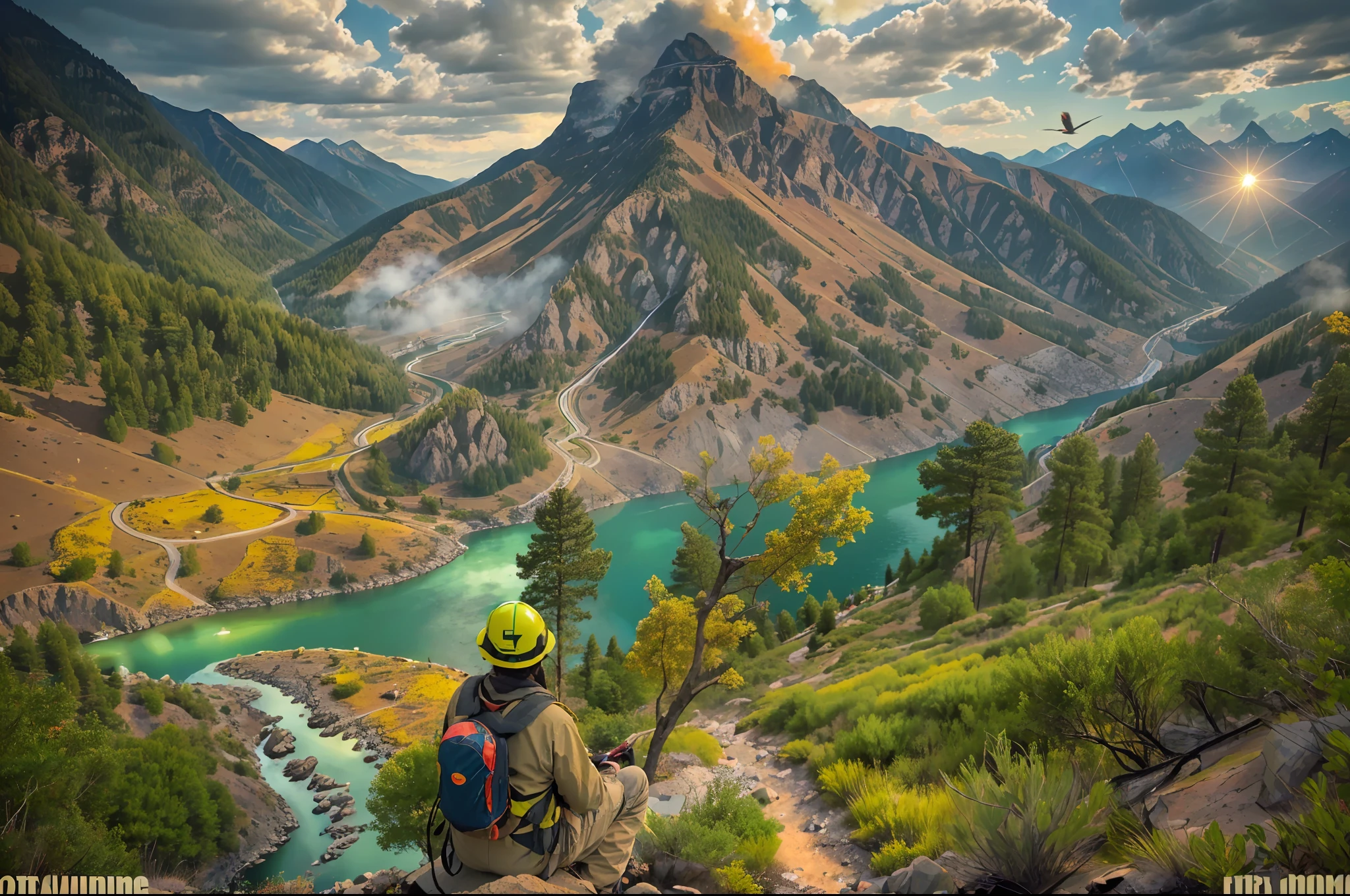 (high-definition photograph),Excellent image quality,Realistic details,stunning view,People overlook the mountain from the top of the mountain,Faraway view,ultra-wide-angle,overhead photography,suns,blue-sky(0.2),mountains and rivers,Greenwood(0.1),Climbers look out over the mountains in the distance,Brief portrait of a person,Forest fires,flying birds,Smoke plume(0.2),A detailed,bloom,Psychedelic, vivid colors,dream magical(0.5),high qulity,best qualtiy,awardwinning