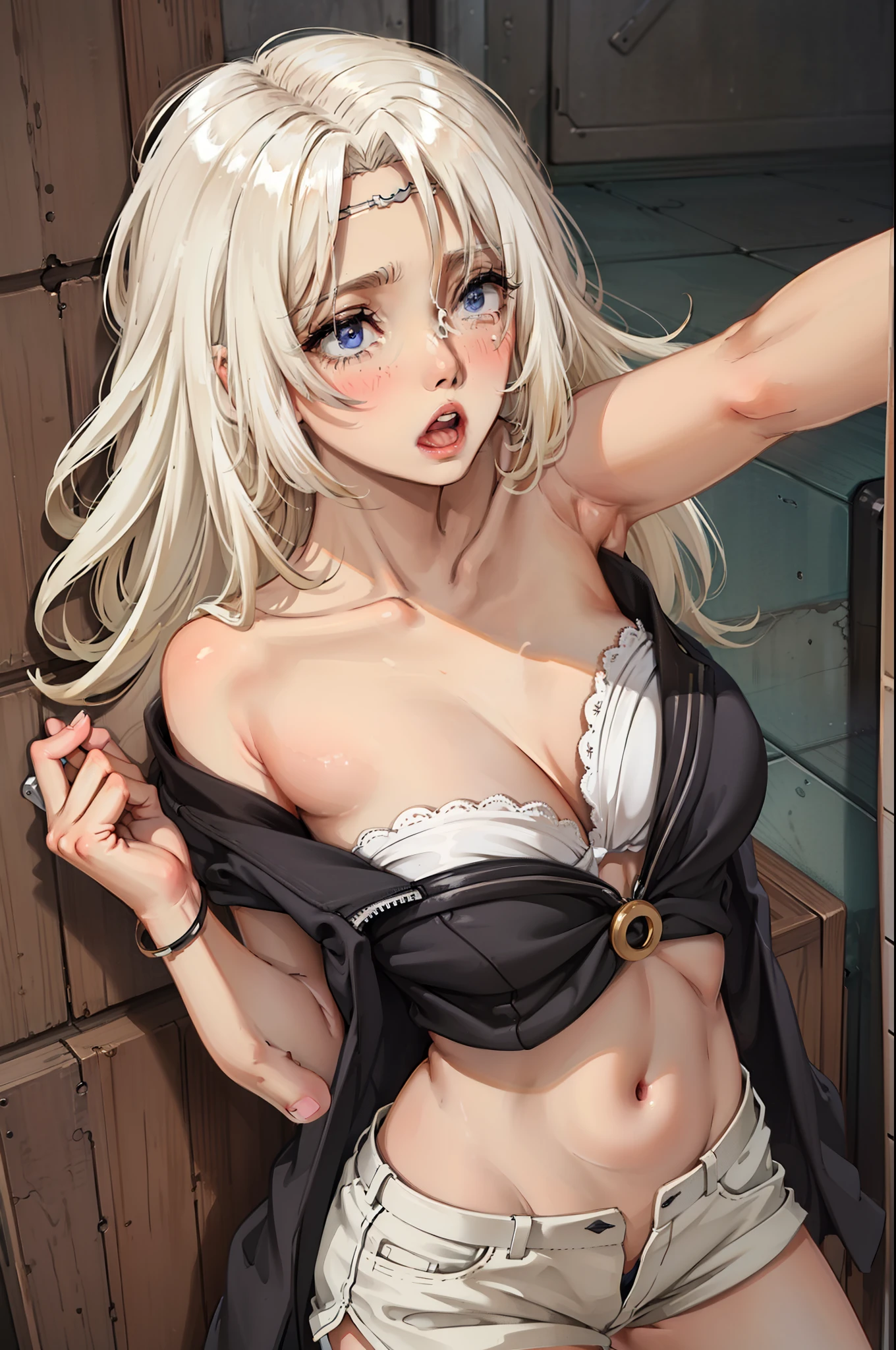 best quality,t-shirt,short shorts,open mouth,blush,orgasm, portio massage, electric massager, vibrator, hitachi magic wand,,sex toy,trembling,arched back,from side,on back,solo focus,white hair,blue eyes