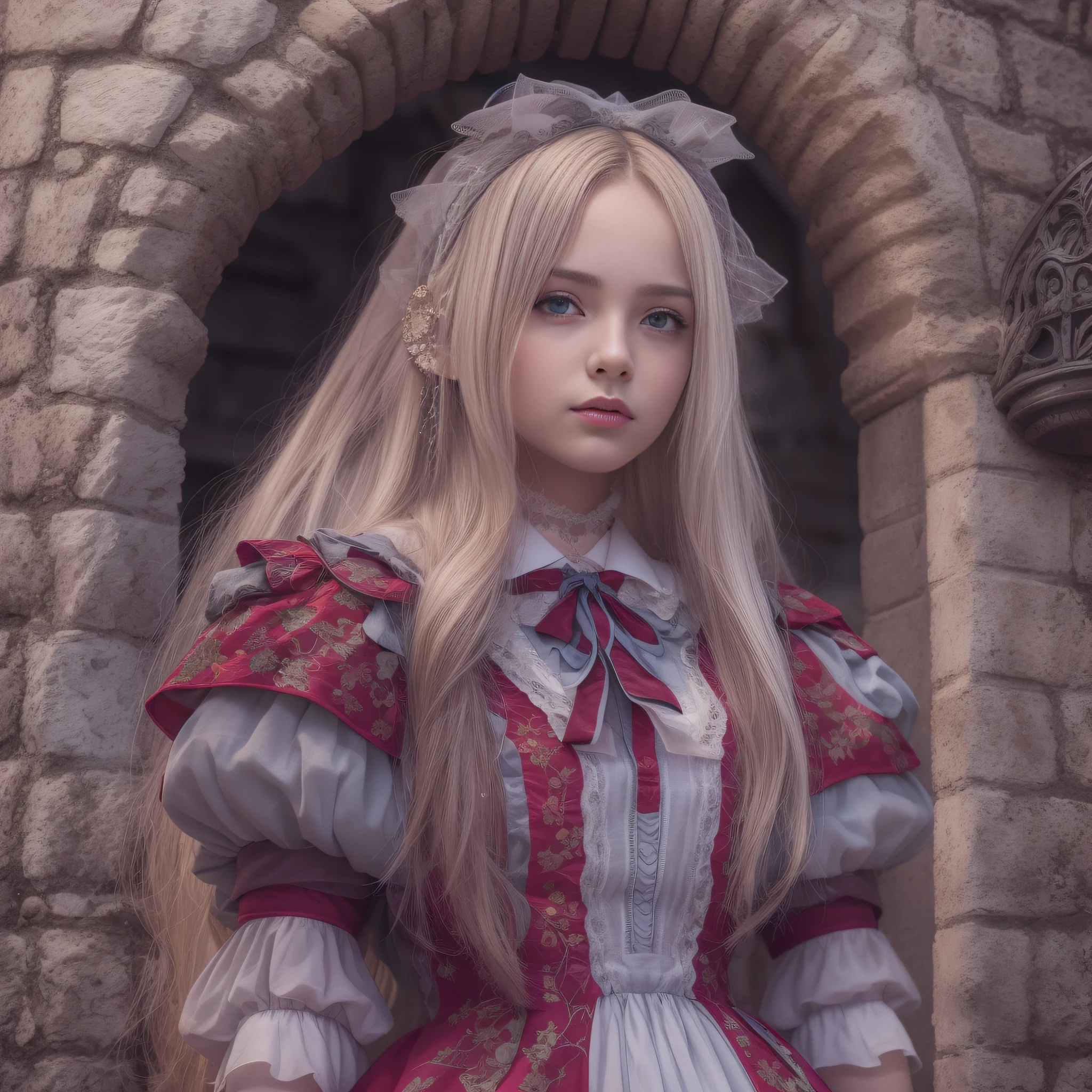 1girl in, FULL BODYSHOT, masutepiece, Best Quality, 8K, Detailed skin texture, Detailed Cloth Texture, beautifull detailed face, Intricate details, ultra-detailliert, Ultra-realistic photos, Alice in Wonderland,  In the old castle, (bow over her head:1.1)