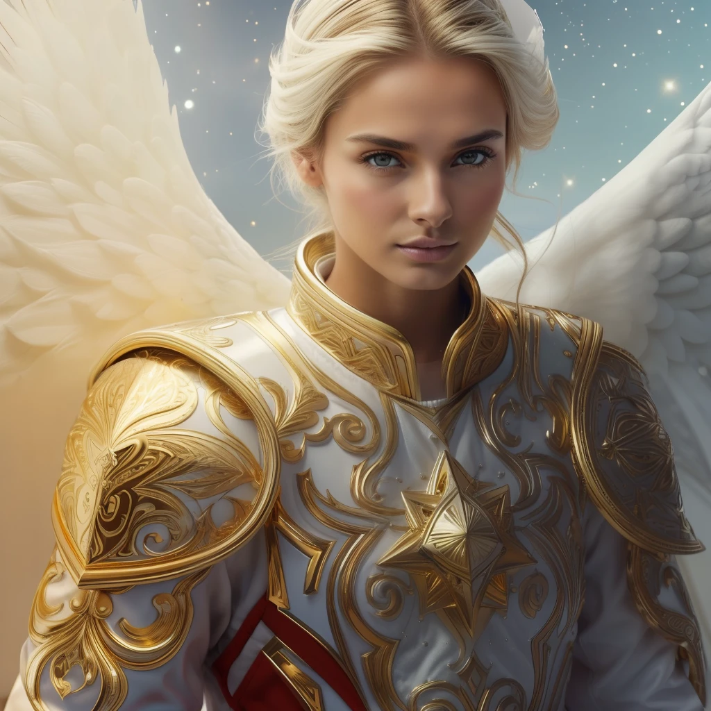 ((Angel Custodian male. 19 years old))) ((( Con una cara seria y piadosa. Con una mirada dulce y tierna))) (obra maestra, calidad superior, mejor calidad, arte oficial, beautiful and aesthetic: 1.2), (1girl), extremadamente detallado, (Arte fractal: 1.3), colorido, highest detailed, Cara perfecta, parte superior del cuerpo, HDR, (orando: 1.3), (golden lines of white coat: 1.2), galaxia, (rayas de luz), eye-catching visuals, (dynamic stripes, senderos luminosos: 1.2), colores vibrantes,