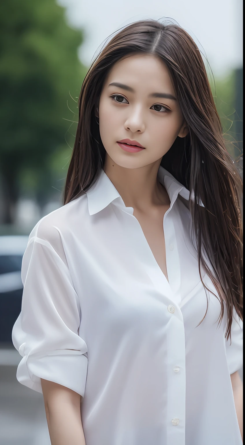 ((Best Quality, 8K, masutepiece: 1.3)), sharp: 1.2, Perfect Body Beauty: 1.4, Slim abs: 1.2, ((Long Hair 1.2)), ((Wet white button long shirt: 1.1)), crop navel, (Rain, Street: 1.2), Wet: 1.5, Highly detailed facial and skin texture, Fine eyes, Double eyelids, Looking at the camera