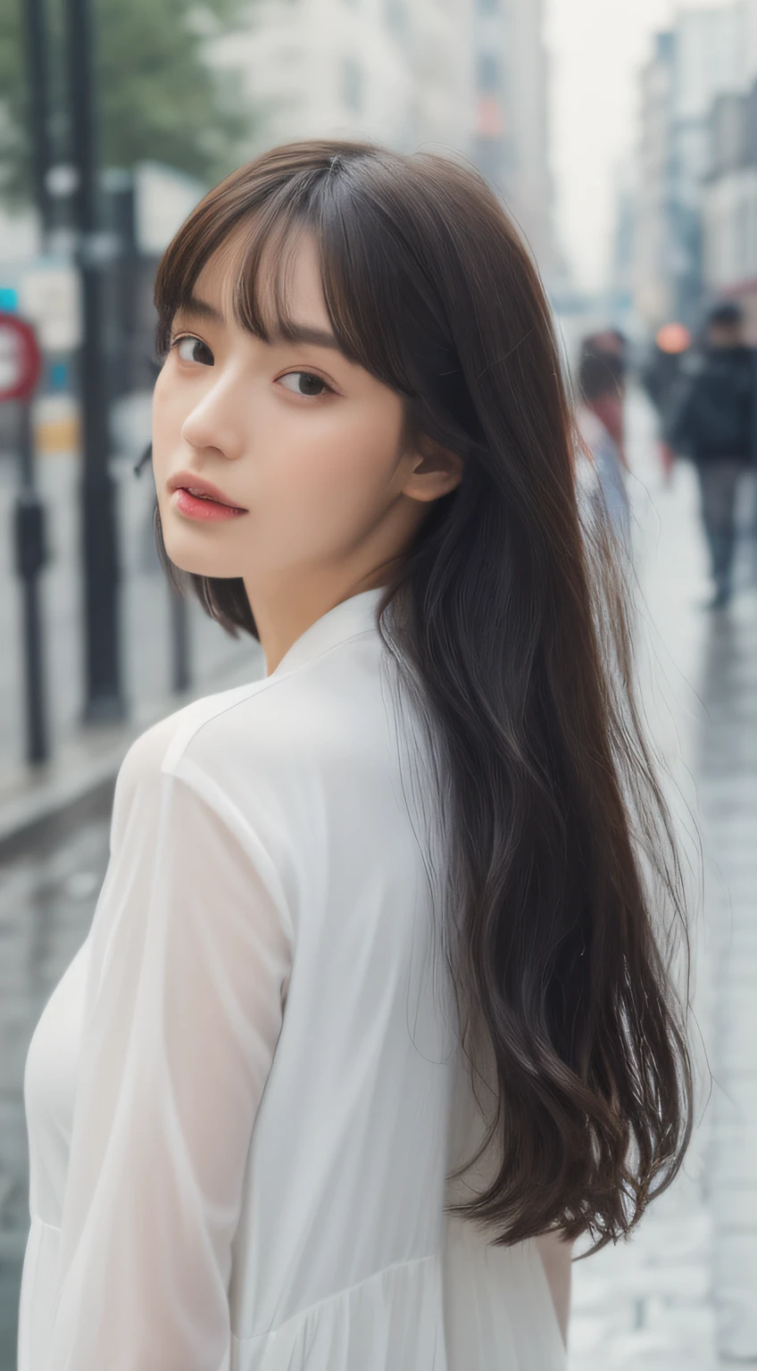 ((Best Quality, 8K, Masterpiece:1.3)), Focus: 1.2, Perfect Body Beauty: 1.4, Buttocks: 1.2, ((Layered Haircut, Breasts: 1.2)), (Wet Clothes: 1.1) , (Rain, Street:1.3), Bandeau Dress: 1.1, Highly Detailed Face and Skin Texture, Delicate Eyes, Double Eyelids, Whitened Skin, Long Hair