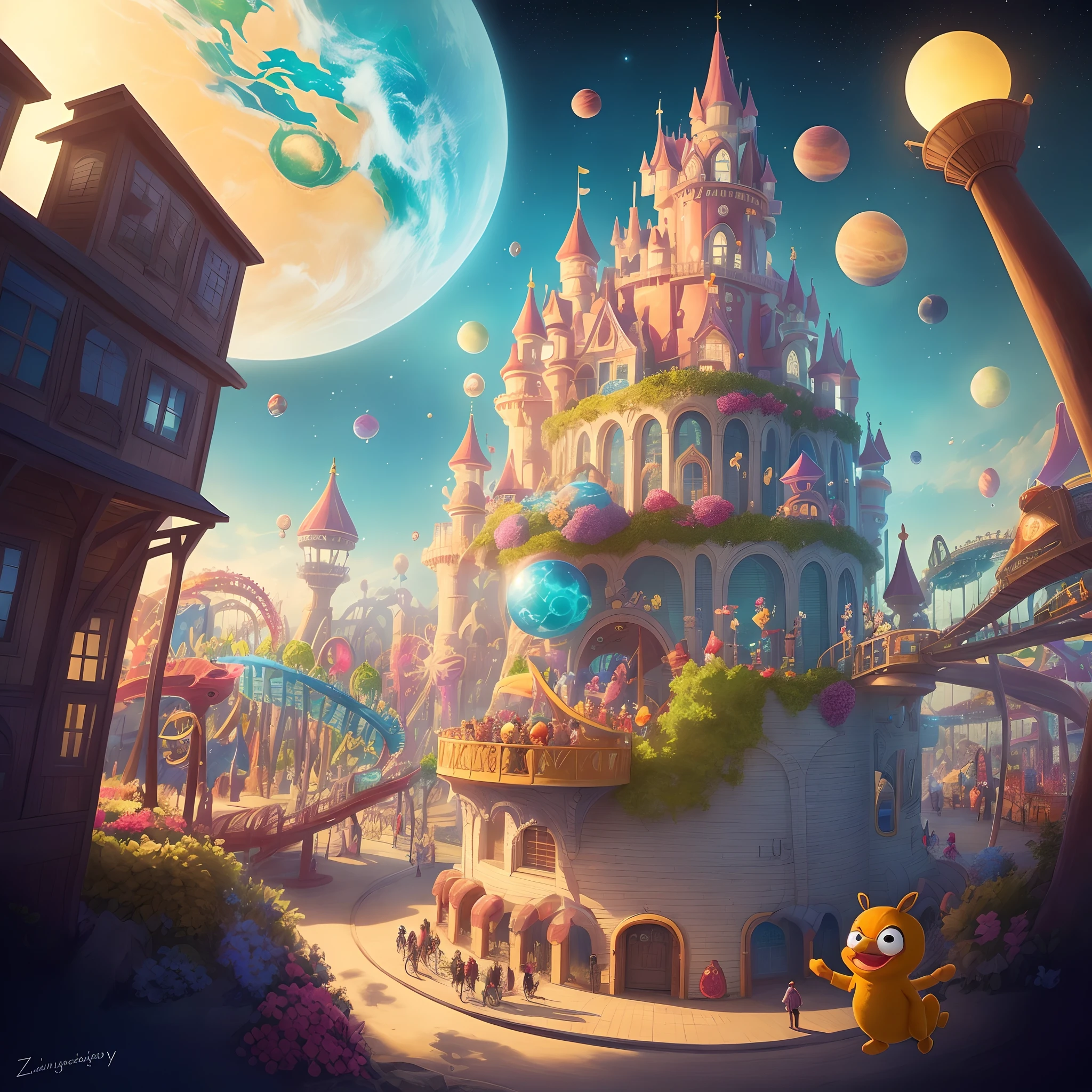 Finalmente, after many challenges and discoveries, Zippy chegou ao destino do mapa: um pequeno planeta repleto de cores deslumbrantes e flores luminosas. He realized that this planet was magical, for all that you imagined became reality. Zippy used his imagination to create the most amazing amusement park that had ever existed.