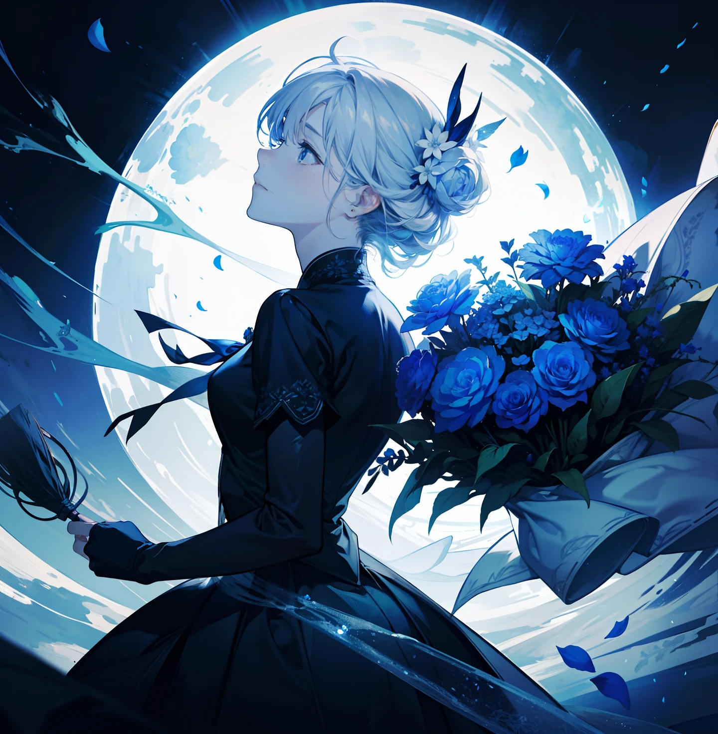 there is a woman holding a flower in her hand, a still of an ethereal, with frozen flowers around her, still from a music video, beautiful cinematography, art house film aesthetic, extremely moody blue lighting, dreamy atmosphere and drama, terrence malick screenshots, holding magic flowers, eerie david lynch cinematography, still frame from a movie, holding flowers, roses in cinematic light, sideways, The girl stands sideways, smile, happy