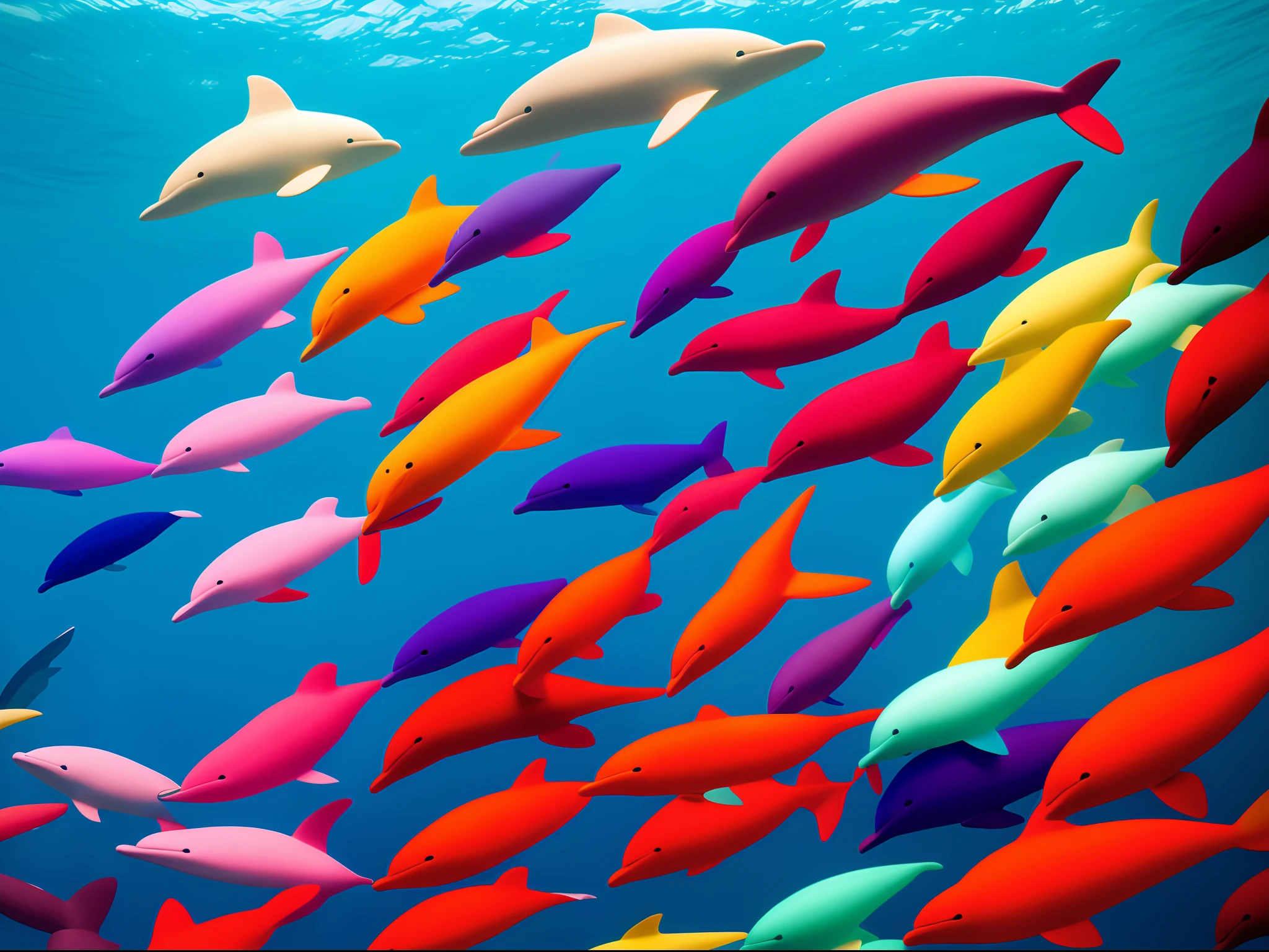 Design a three-dimensional installation that represents a school of dolphins and corals of multicolored colres in the ocean, utilizando elementos abstractos que se muevan con el viento y el movimiento del espectador.