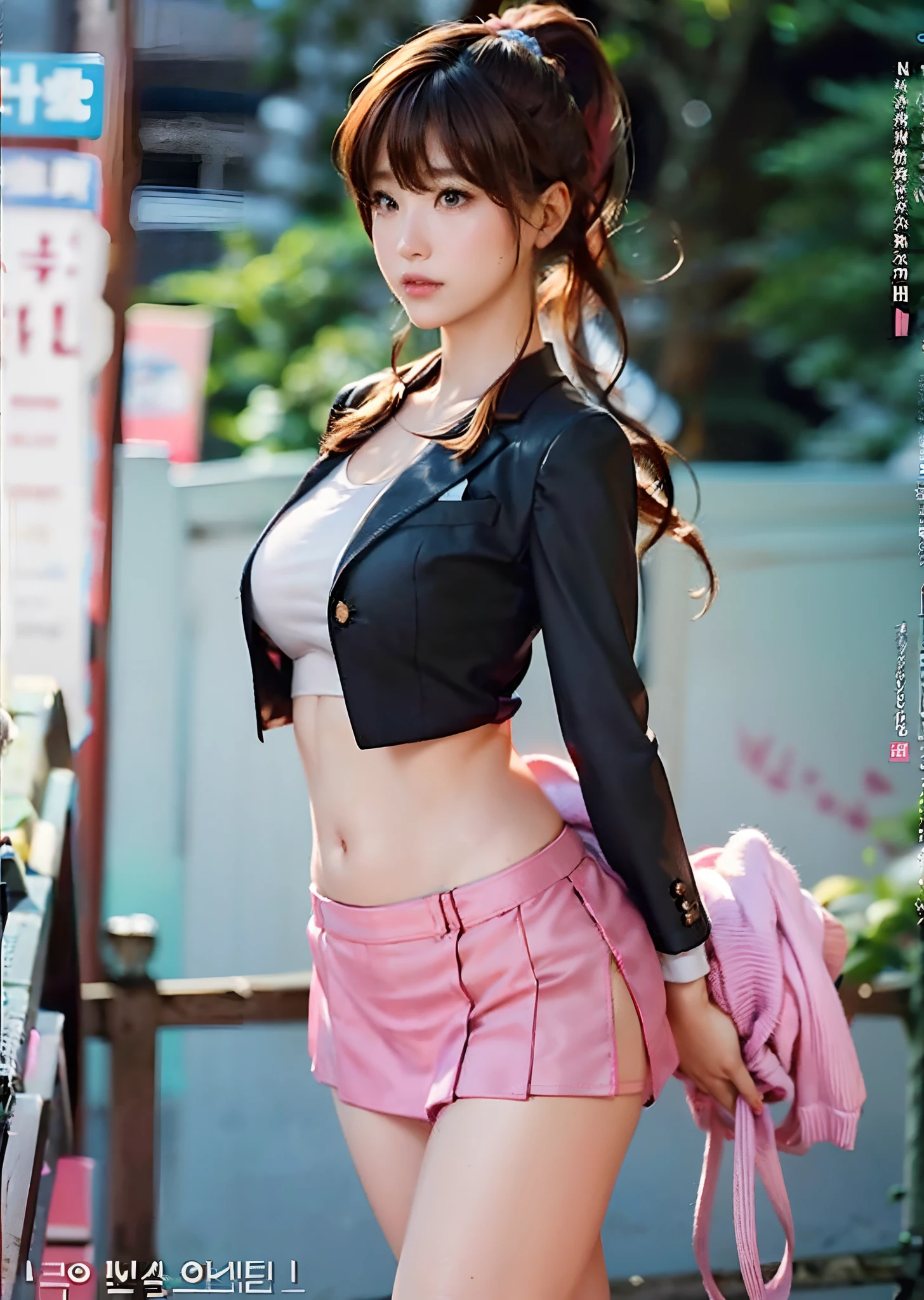 Pink hair woman walking down the street in a short skirt, very sexy costume, The skirt is rolled up.、Shorts are visible、flaxen ponytail、sleeve less、Beautiful navel、Beautiful facial features、Beautiful udder、beautiful thigh、Wearing a cami blouse, real life anime girl, Anime girl cosplay, elegant glamourous cosplay, Sexy Outfit, Wearing fashion shorts, with a business suit on, well - dressed, Wearing a tight bra, Sexy look, Business attire, Wearing a business suit, Korean Girl