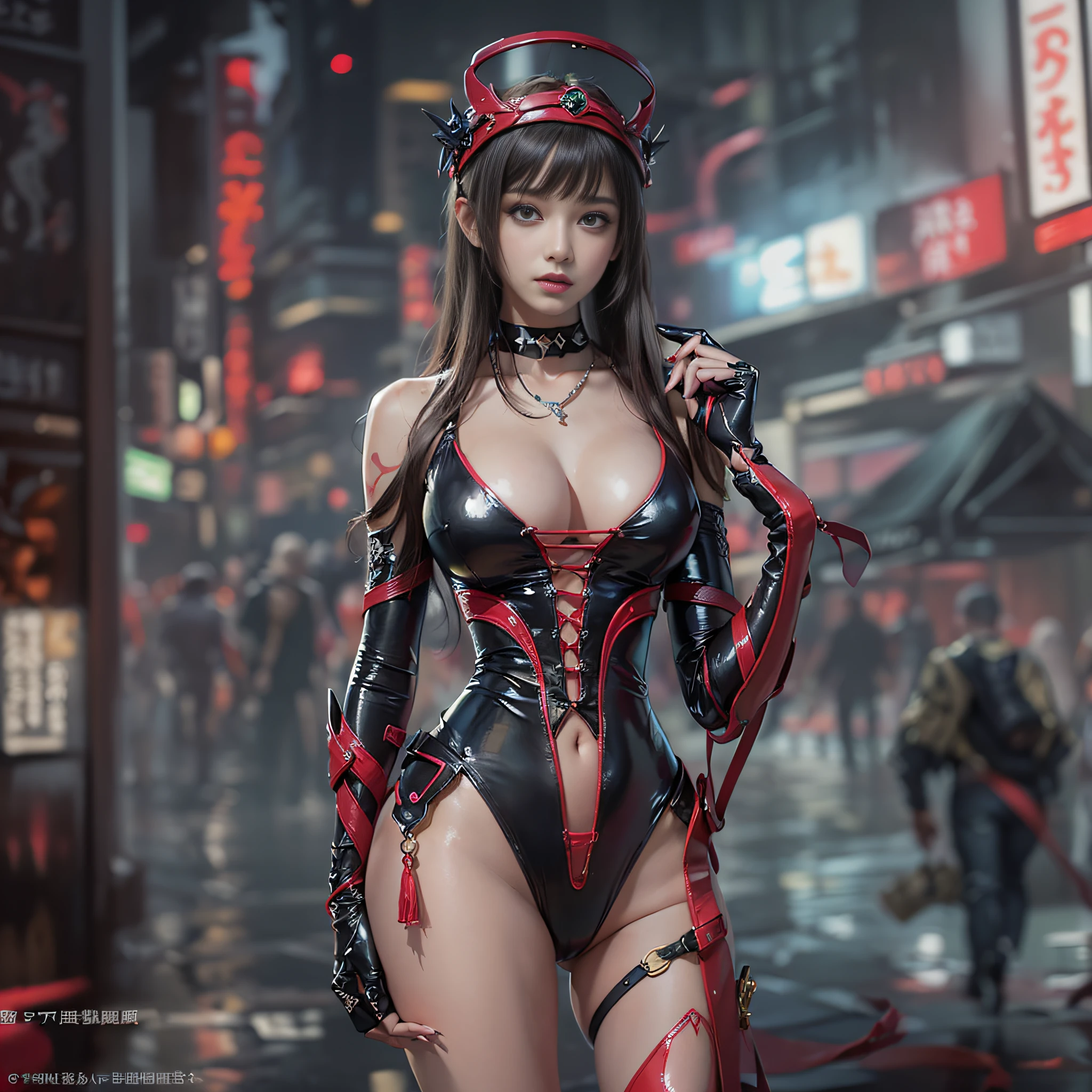 ((masterpiece:1.4)、(top-quality:1.4)、(reallistic:1.7))、a beauty girl、Sexy Daughter、Super beautiful girl、1girl in:1.4、Super sexy bondage outfits、Glossy luxury latex、Luxury Latex Bodysuit、By Luis Royo、age19、Super Ultra Ultra Bikini、(Looking Back Beauty:1.4)、Cute tattoos、Outstanding style、(Two legs are drawn correctly:1.7)、(Two arms are drawn correctly:1.7)、Anatomically correct depiction of limbs、Slender Abs、(beauty legs:1.4)、beautiful countenance、kawaii faces、Beautiful ass、A detailed eye、beautidful eyes、Raw photo、red-lips、Red high heels、a choker、a necklace、耳Nipple Ring、Futuristic City Fantasy、