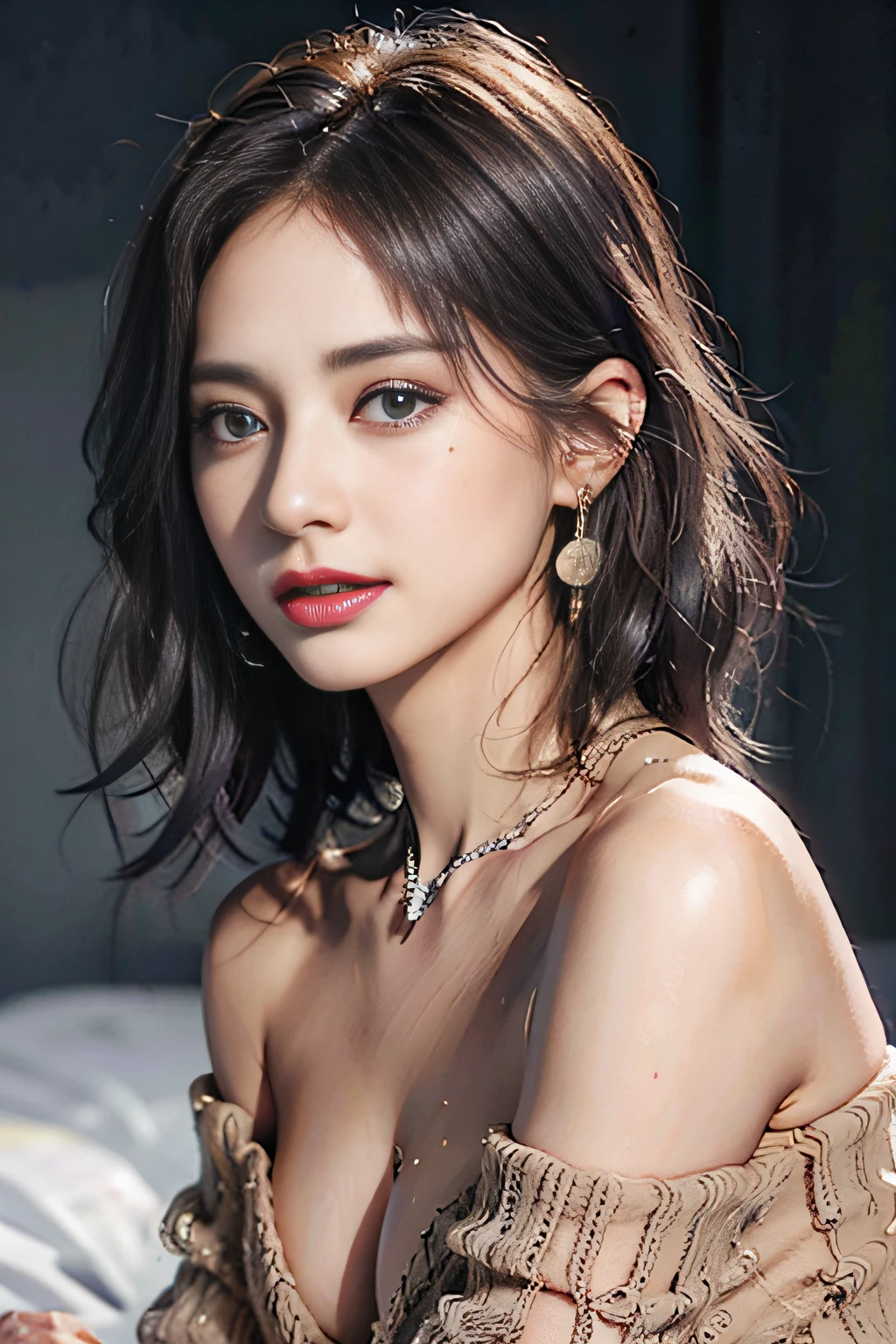 (short hair woman), (off-shoulder sweater, oversized sweater), (hiden short pants), (cross-legged sitting, hands lying on thighs), on bed, medium breasts, deep cleavage, best quality, masterpiece, illustration, very delicate and beautiful, very detailed skin, CG, Unity, 8K wallpapers, amazing, fine detail, highly detailed CG Unity 8K wallpapers, huge file size, high resolution, handsome detailed woman, very detailed eyes and face, Stunning detailed eyes, light on the face, (Best illustration: 1.1), (best shadow: 1.1), ultra high resolution, (photorealistic: 1.1), (photorealistic 1.2:1.1), realistic face proportions,slim,smile,(fluffy black eyes: 1.21), black eyes, looking at the viewer, dark brown hair, earrings, necklaces, hairpins, full body shots, (irregular skin imperfections,veins,moles,skin wrinkles,pores: 1.2), (dark night background: 1.2), (bokeh: 1.4), (pureerosface_v1:0.35)