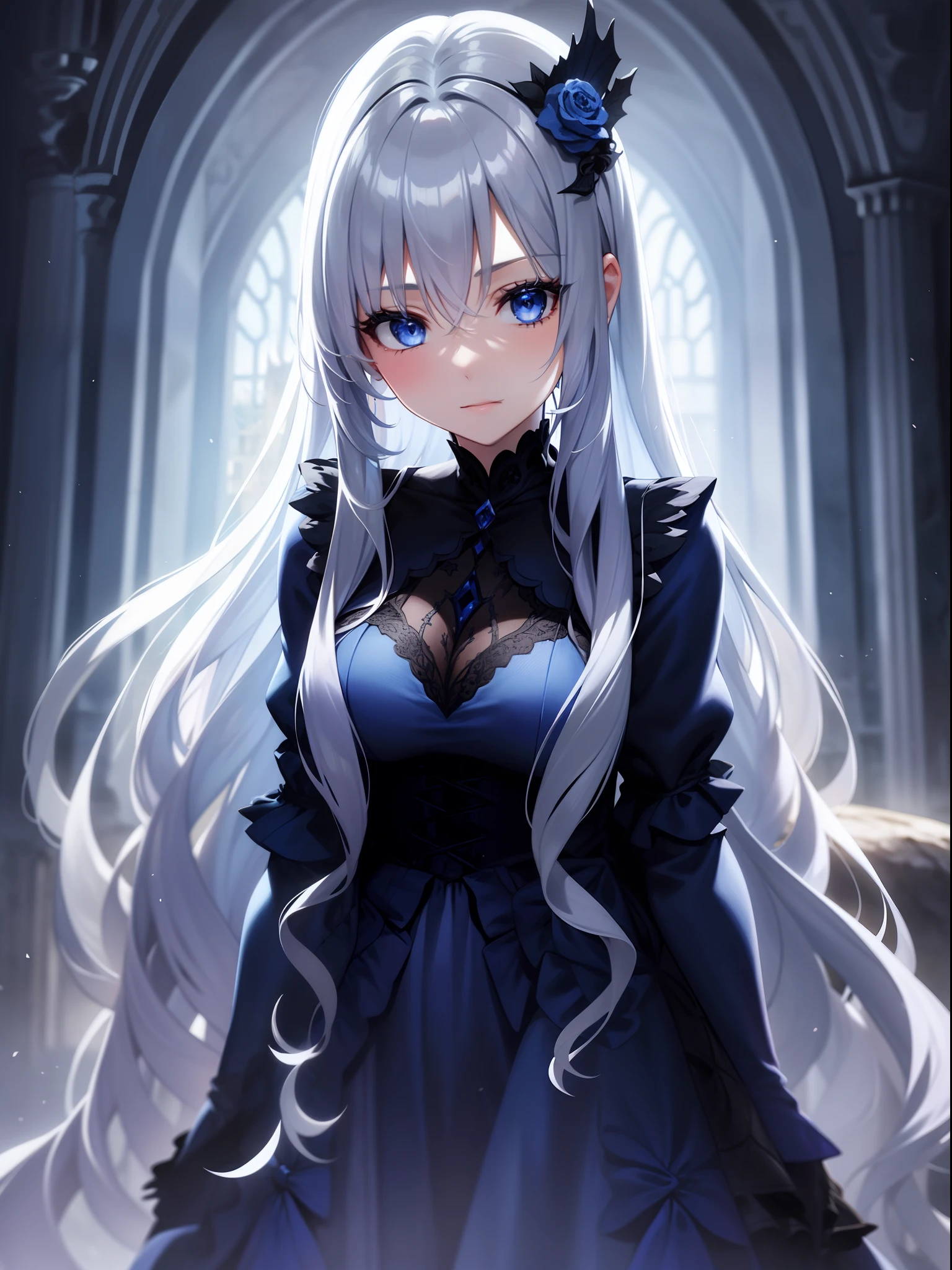 a very beautiful woman, with long curly silver hair, dark blue eyes, wearing an indigo blue gothic dress, with the background of a castle and a flying dragon