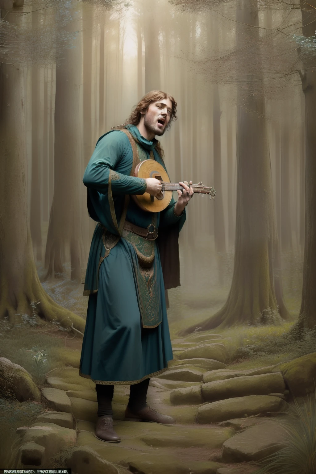 (((Pre-Raphaelite Celtic painting of a man sings with his mouth open in the ancient-style forest, medieval, roupa azul, Floresta encantada, uvas e parreira)))