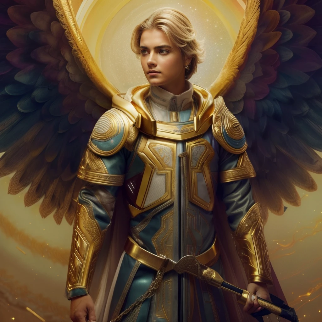 ((Male Custodian Angel. 19 years old))) ((( Con una cara seria y piadosa. Con una mirada dulce y tierna))) (obra maestra, calidad superior, mejor calidad, arte oficial, beautiful and aesthetic: 1.2), (1girl), extremadamente detallado, (Arte fractal: 1.3), colorido, highest detailed, Cara perfecta, parte superior del cuerpo, HDR, (orando: 1.3), (golden lines of white coat: 1.2), galaxia, (rayas de luz), eye-catching visuals, (dynamic stripes, senderos luminosos: 1.2), colores vibrantes,