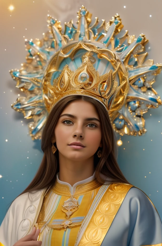 ((Blessed Virgin Mary. 19 years old))) ((( Con una cara seria y piadosa. Con una mirada dulce y tierna))) (obra maestra, calidad superior, mejor calidad, arte oficial, beautiful and aesthetic: 1.2), (1girl), extremadamente detallado, (Arte fractal: 1.3), colorido, highest detailed, Cara perfecta, parte superior del cuerpo, HDR, (orando: 1.3), (golden lines of white coat: 1.2), galaxia, (rayas de luz), eye-catching visuals, (dynamic stripes, senderos luminosos: 1.2), colores vibrantes,