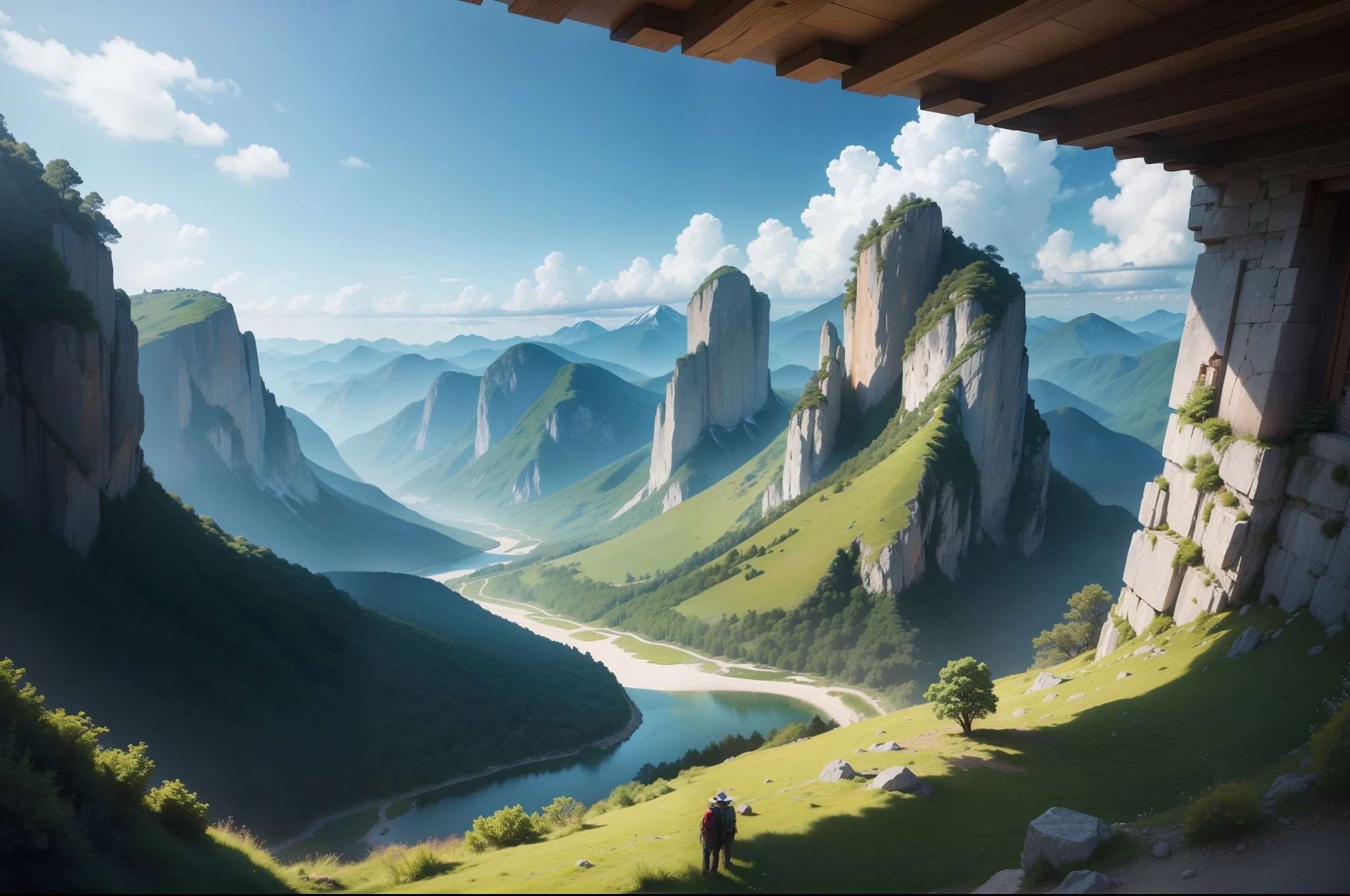 (high-definition photograph),Realistic details,stunning view,People overlook the mountains from the top of the mountain,Faraway view,ultra-wide-angle,overhead photography,suns,blue-sky,Mountains and rivers,Greenwood,Climbers look out over the mountains in the distance,A climber,The climber's back is slightly small,baiyun,A detailed,full bloom,Psychedelic,Vivid colors,dream magical,awardwinning。