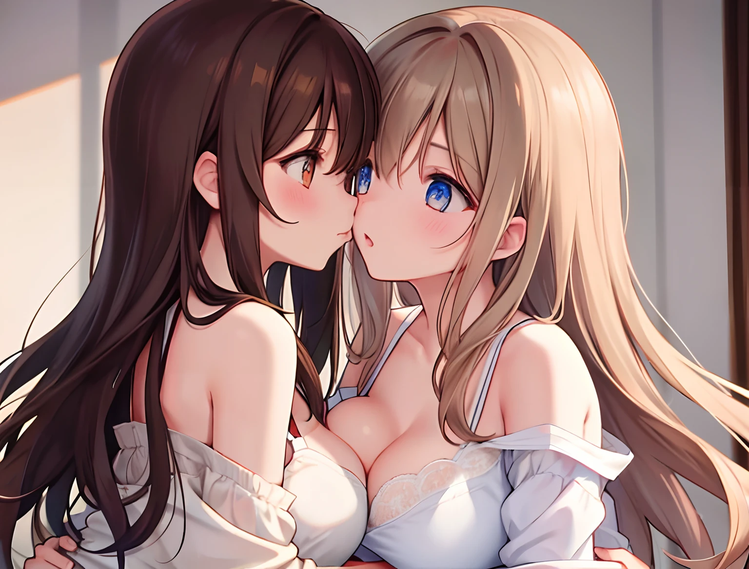 2girls,hair brown,long whitr hair,mediuml breasts,Wear only a bra,Breast collision,Light panties,Kiss