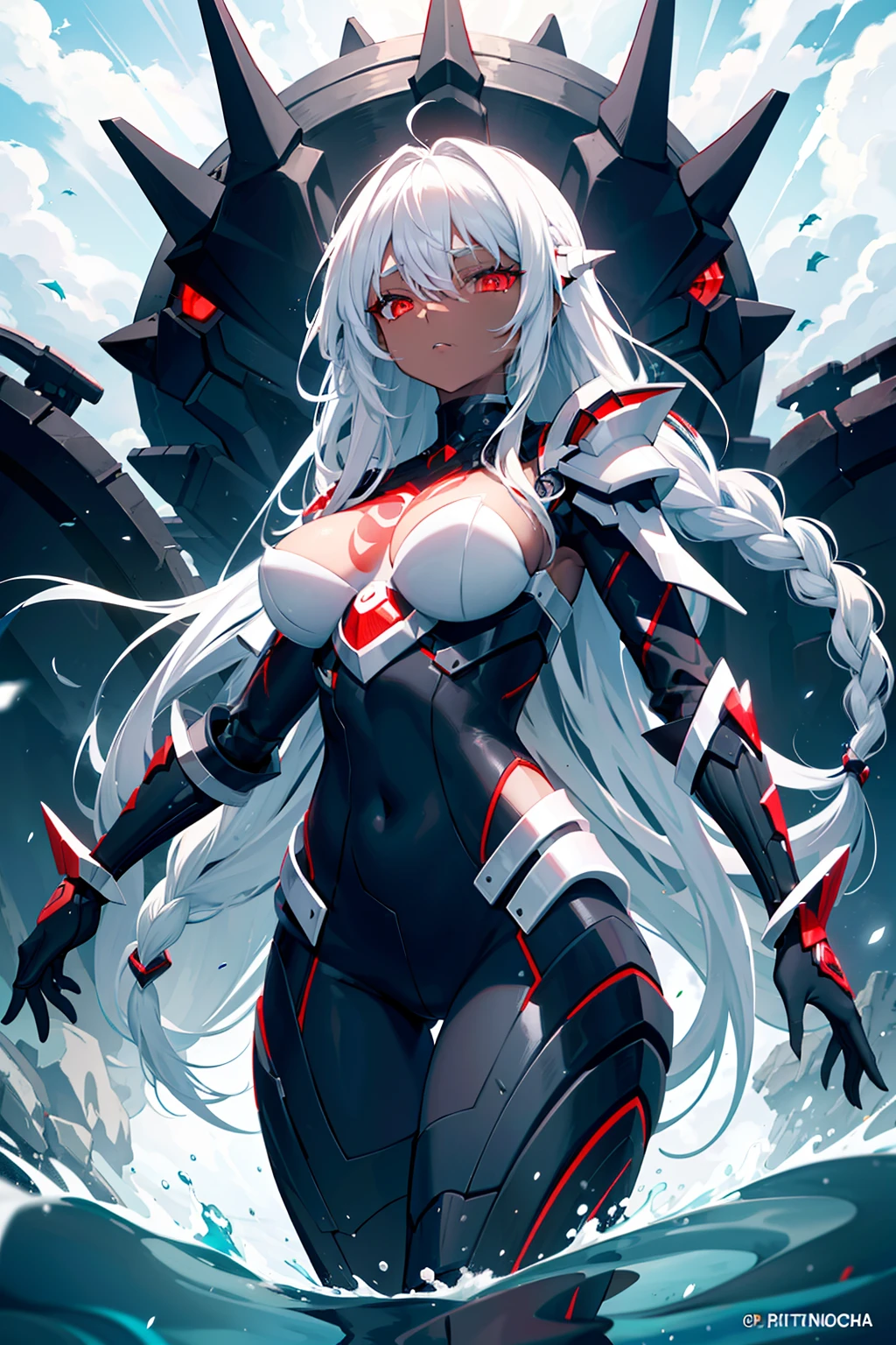 "Dark-skinned mermaid with a black fish tail, sporting braided white hair and mesmerizing red eyes, dressed in sleek sci-fi armor adorned with intricately sharp fish scales, gracefully residing in the vastness of the ocean."