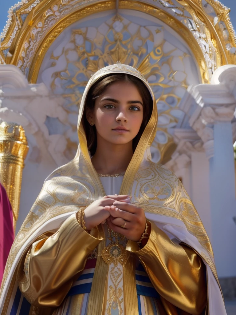 ((Blessed Virgin Mary. 19 years old))) ((( Con una cara seria y piadosa. Con una mirada dulce y tierna))) (obra maestra, calidad superior, mejor calidad, arte oficial, beautiful and aesthetic: 1.2), (1girl), extremadamente detallado, (Arte fractal: 1.3), colorido, highest detailed, Cara perfecta, parte superior del cuerpo, HDR, (orando: 1.3), (golden lines of white coat: 1.2), galaxia, (rayas de luz), eye-catching visuals, (dynamic stripes, senderos luminosos: 1.2), colores vibrantes,