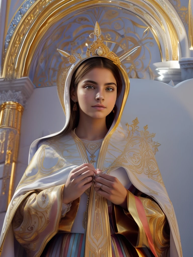 (((Blessed Virgin Mary))) Luminoso, obra maestra, (La mejor calidad: 1.2), (super fine: 1.2), illustration, (extremadamente delicado y hermoso: 1.2), movie angle, flotante, (Hermoso ojo de detalle: 1.1), (detalle luz: 1.1), Movie Lights, Cielo delicado, ojos azules, (Cola de caballo alta: 1.1), capa, ojuelos, cielo estrellado, (light particles: 1.1) dibujo, flor. (obra maestra), (La mejor calidad), (fotorrealista:1.3), 8k, Textura detallada de la piel, Textura detallada de la tela, hermosa cara detallada, Detalles intrincados, ultra detallado (cuerpo de cuerpo entero:1.2)
