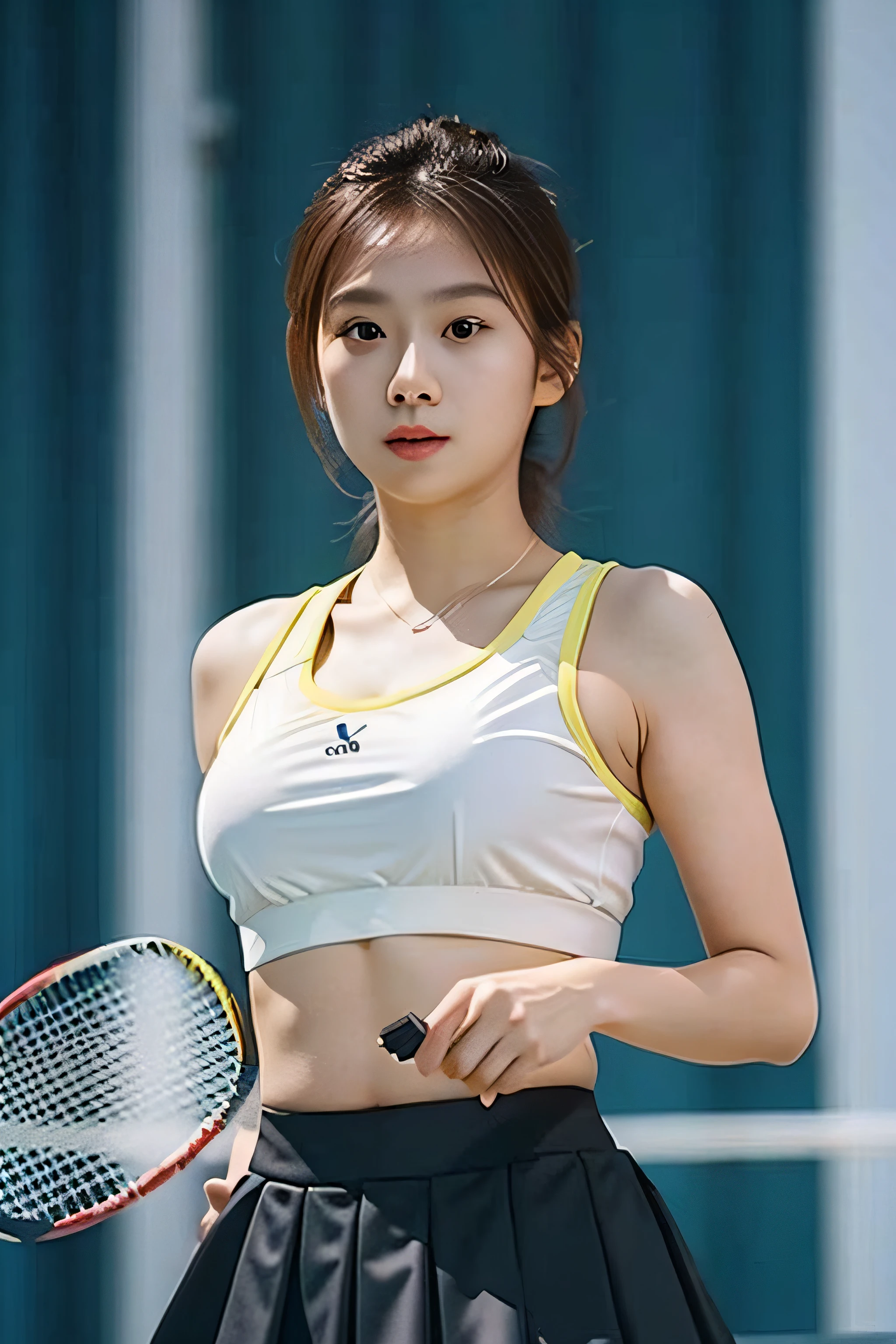 (Masterpiece, Best quality, Beautiful quality), (Extremely detailed skin,Extremely detailed eyes, Extremely detailed hair,Short hair,Brown hair, pony tails, view the viewer, Best quality,Beautiful and aesthetic,Large breasts,Black sports bra,Sport skirt,take racket,Playing badminton,School gymnasium,full bodyesbian,Depth of field,