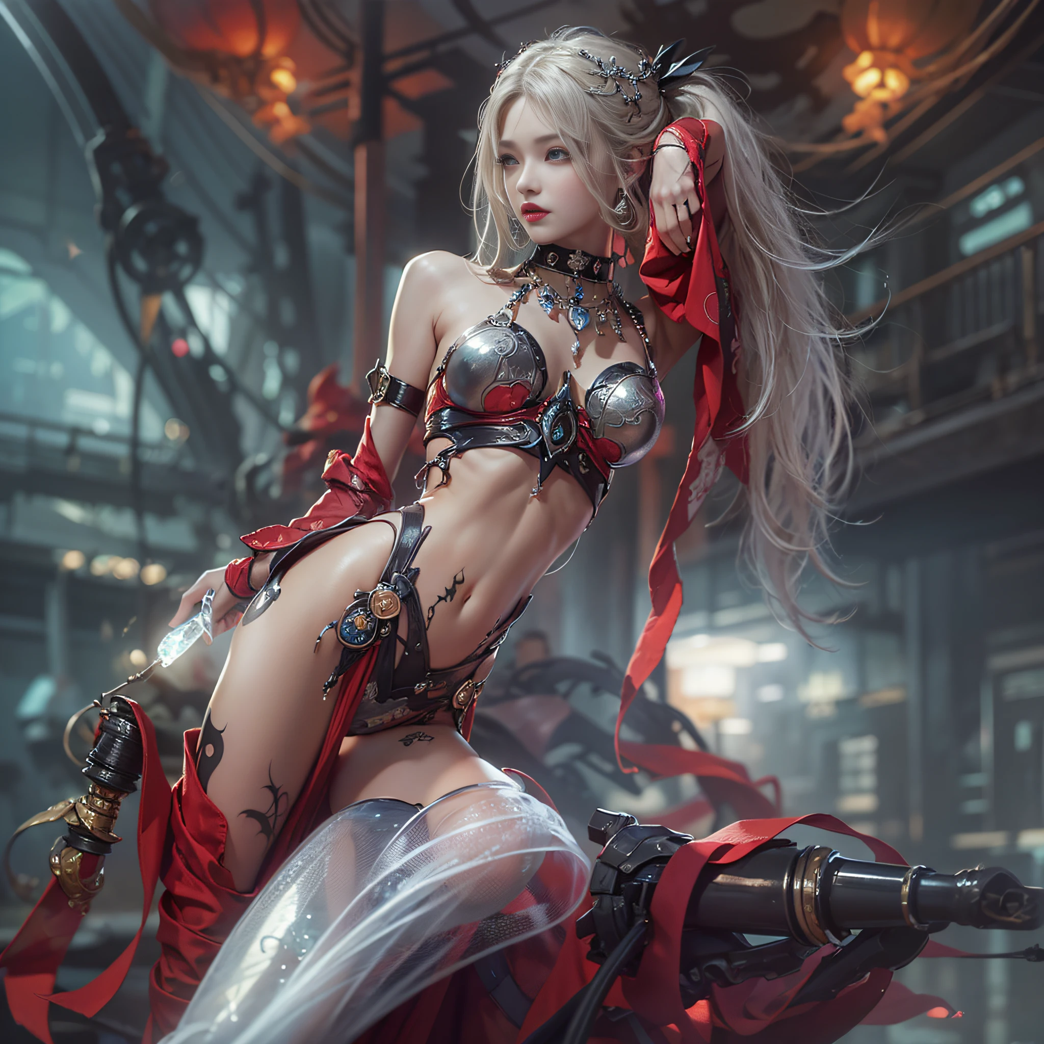((masterpiece:1.4)、(top-quality:1.4)、(reallistic:1.7))、a beauty girl、Sexy Daughter、Super beautiful girl、1girl in:1.4、Super sexy outfits、By Luis Royo、age19、Super Ultra Ultra Bikini、(Looking Back Beauty:1.4)、Cute tattoos、Outstanding style、(Two legs are drawn correctly:1.7)、(Two arms are drawn correctly:1.7)、Anatomically correct depiction of limbs、Slender Abs、(beauty legs:1.4)、beautiful countenance、kawaii faces、Beautiful ass、A detailed eye、beautidful eyes、Raw photo、red-lips、Red high heels、a choker、a necklace、耳Nipple Ring、Futuristic City Fantasy、