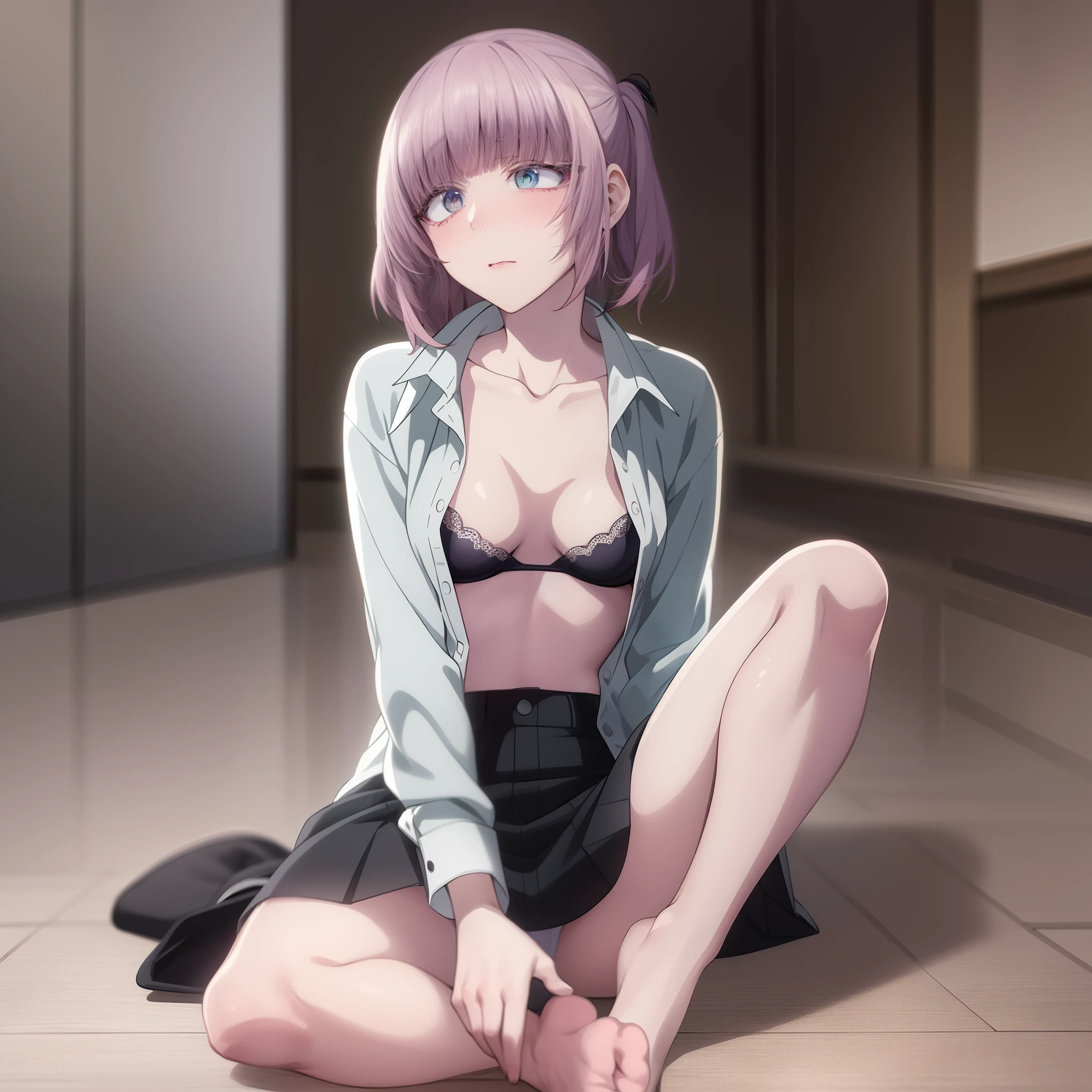 2d, masterpiece, best quality, anime, highly detailed eyes, highly detailed face, highly detailed background, perfect lighting, (full body), 1girl, yofukashi no uta, Nazuna Nanakusa, white shirt, open shirt, underwear, bra, pink underwear, black skirt, small breasts, school, expressionless, blush, sitting, no shoes