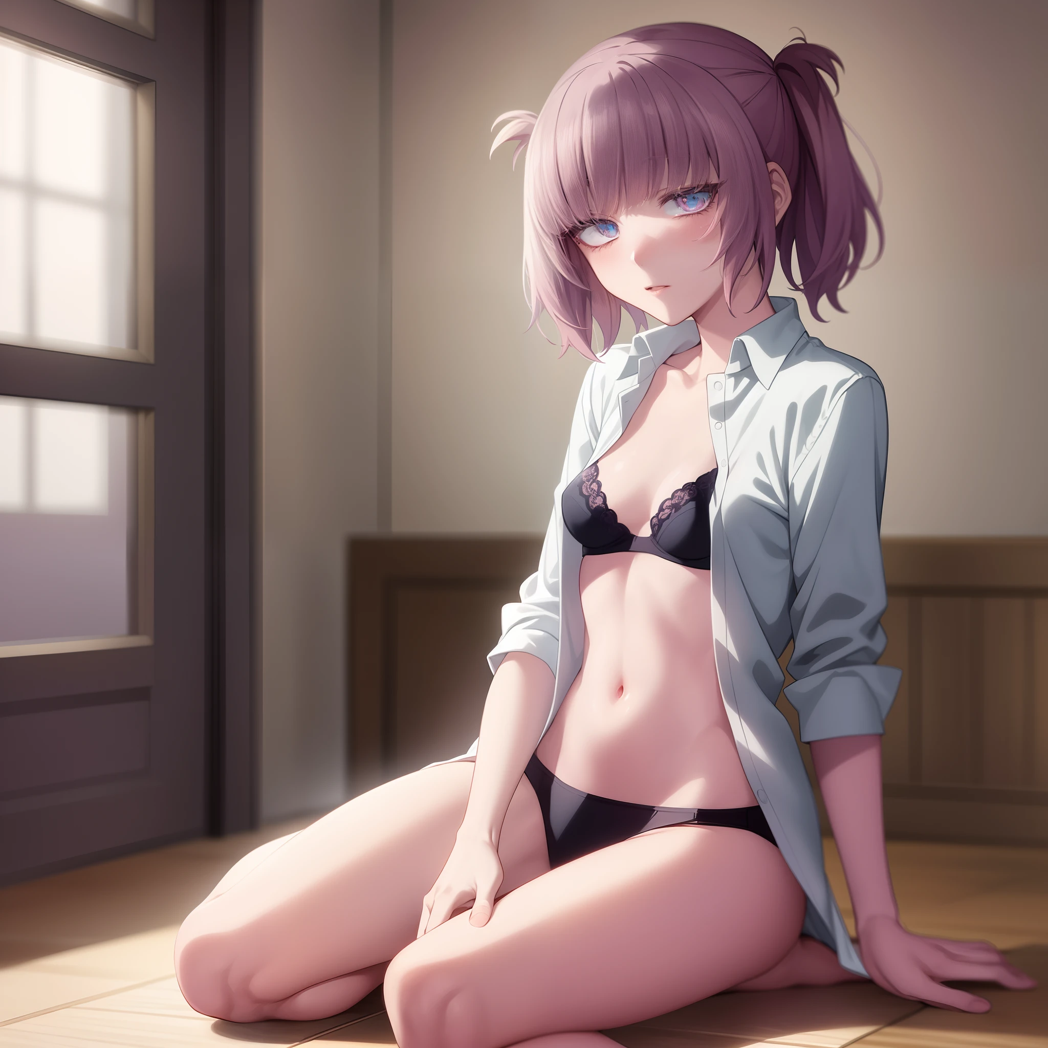 2d, masterpiece, best quality, anime, highly detailed eyes, highly detailed face, highly detailed background, perfect lighting, (full body), 1girl, yofukashi no uta, Nazuna Nanakusa, white shirt, open shirt, underwear, bra, pink underwear, black skirt, small breasts, school, expressionless, blush, sitting, no shoes