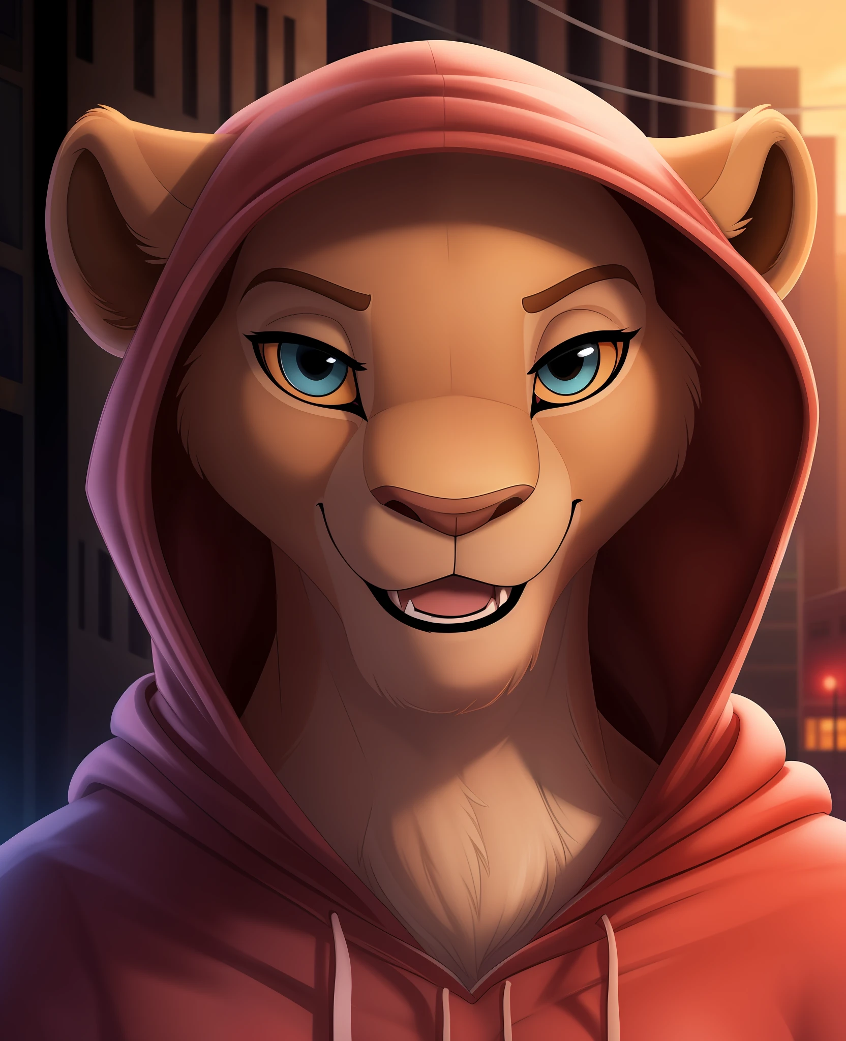 nala, furry female anthro, lion girl, portrait, close-up,  (hoodie:1.2),  hood up, solo, (body fur:1.2), (best quality), (detailed urban background:1.2), dramatic lighting, (detailed fluffy fur:1.1), looking at viewer,  closed mouth, small breasts,