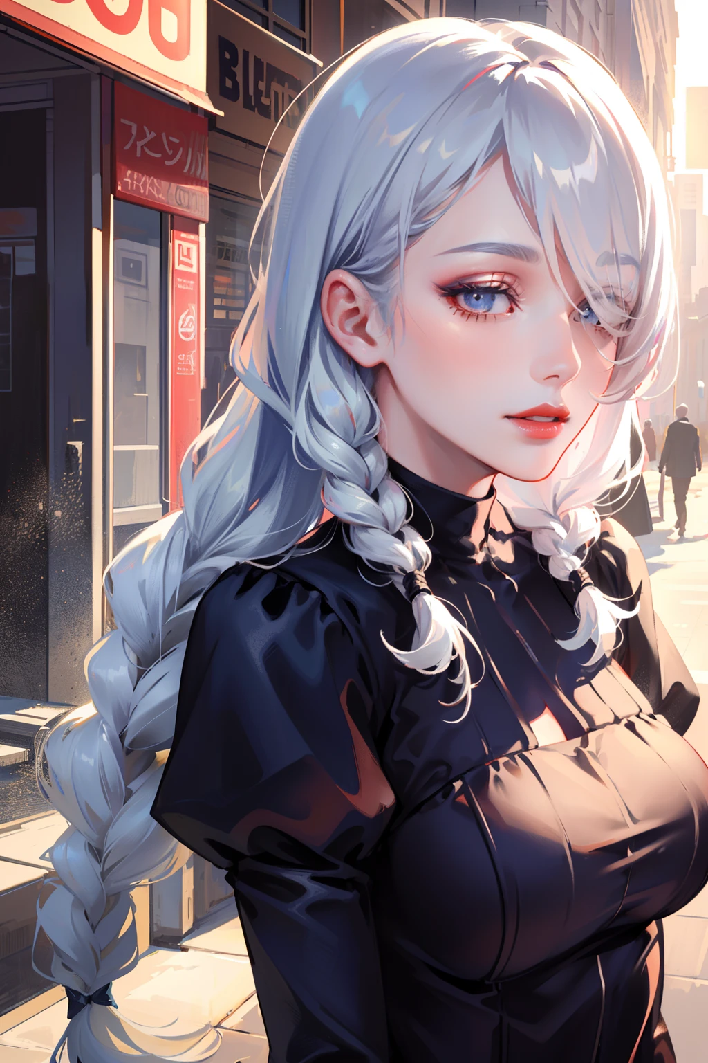 ultra realistic 8k cg, masterpiece, ((ultra detailed background, delicate pattern, intricate detail)), (highly detailed, fine details), best quality, 1girl, (photorealistic:1.4),beautiful lighting, absurdres, RAW photo, film grain, ((medium breasts, slim girl)), 1girl, MeiMei, solo, long hair, braid, dress, hair over one eye, smile, long sleeves, braided bangs, black dress, braided ponytail, white hair, puffy sleeves, holding, turtleneck dress, makeup, grey hair, red lips, one eye covered, lipstick, parted lips, single braid, (complex detailed background, outside, urban environment, cowboy shot, from behind),