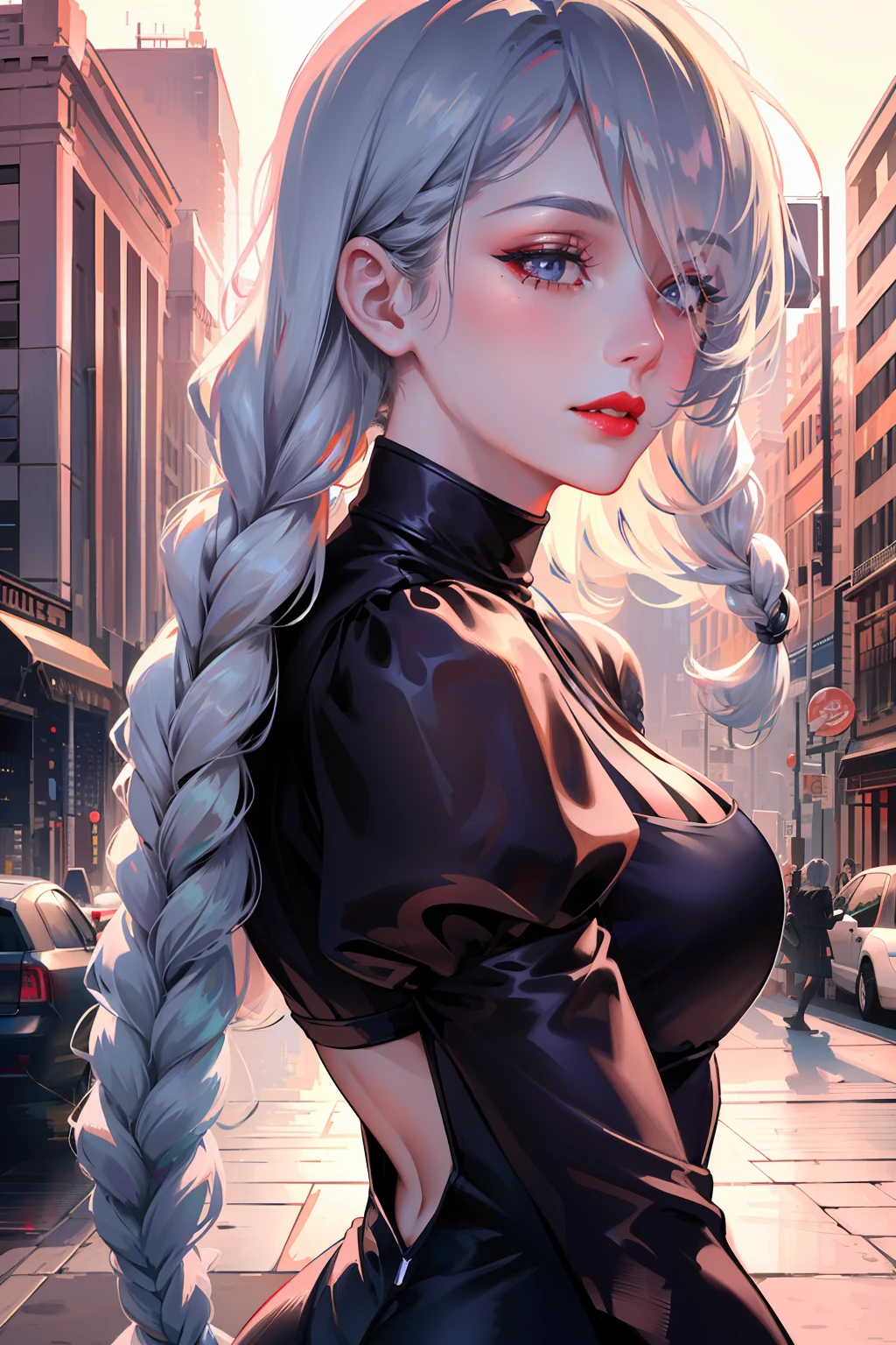 Urban beautiful girl college student, masterpiece, light makeup, red lips, silver hair, messy long hair, street background, beautiful, elegant. super fine details, master works, authentic texture, cinematic lighting realism, perfect job, 16K, hd, exquisite features,blue eyes、japanese idol、Beautiful Face、cute smile、brown hair、beautiful hair、ponytail、glamorous、 big breasts、erect nipples、puple lipstick ,Oily muscle、shiny skin、tanned skin、Black glowing skin、Sexy knitted sweaters, bright big eyes, smooth skin, earrings, necklace, full tattoo