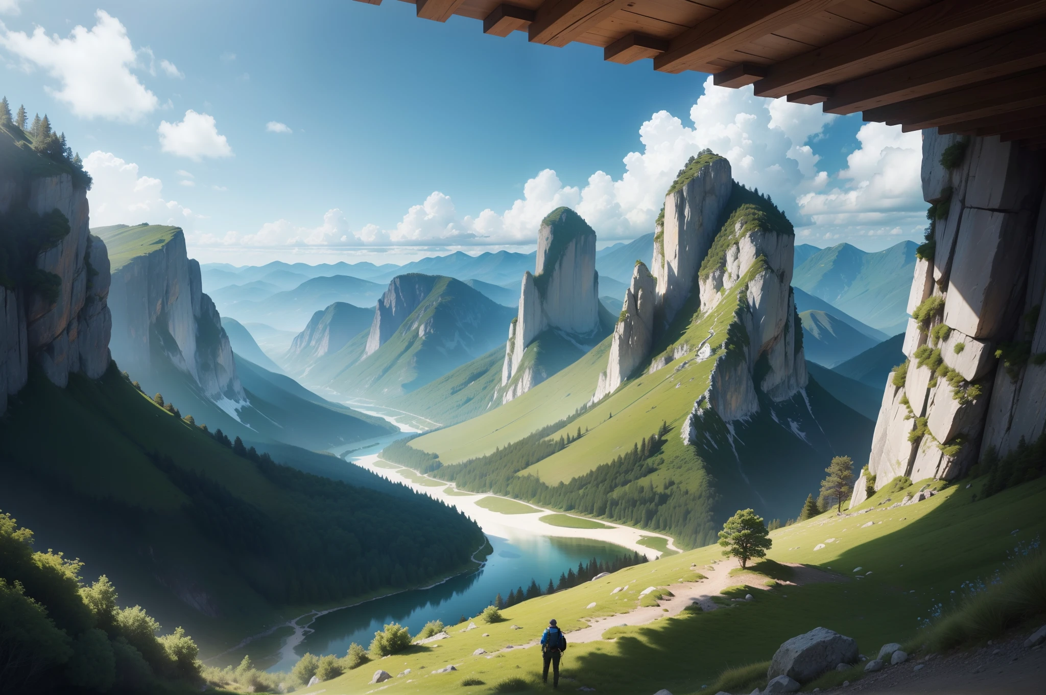 (Ultra-clear photos),Realistic details,8K images,stunning view,Mountains and rivers,with blue sky and white clouds,The green forest is psychedelic,The backs of the climbers are small,Vivid colors,awardwinning